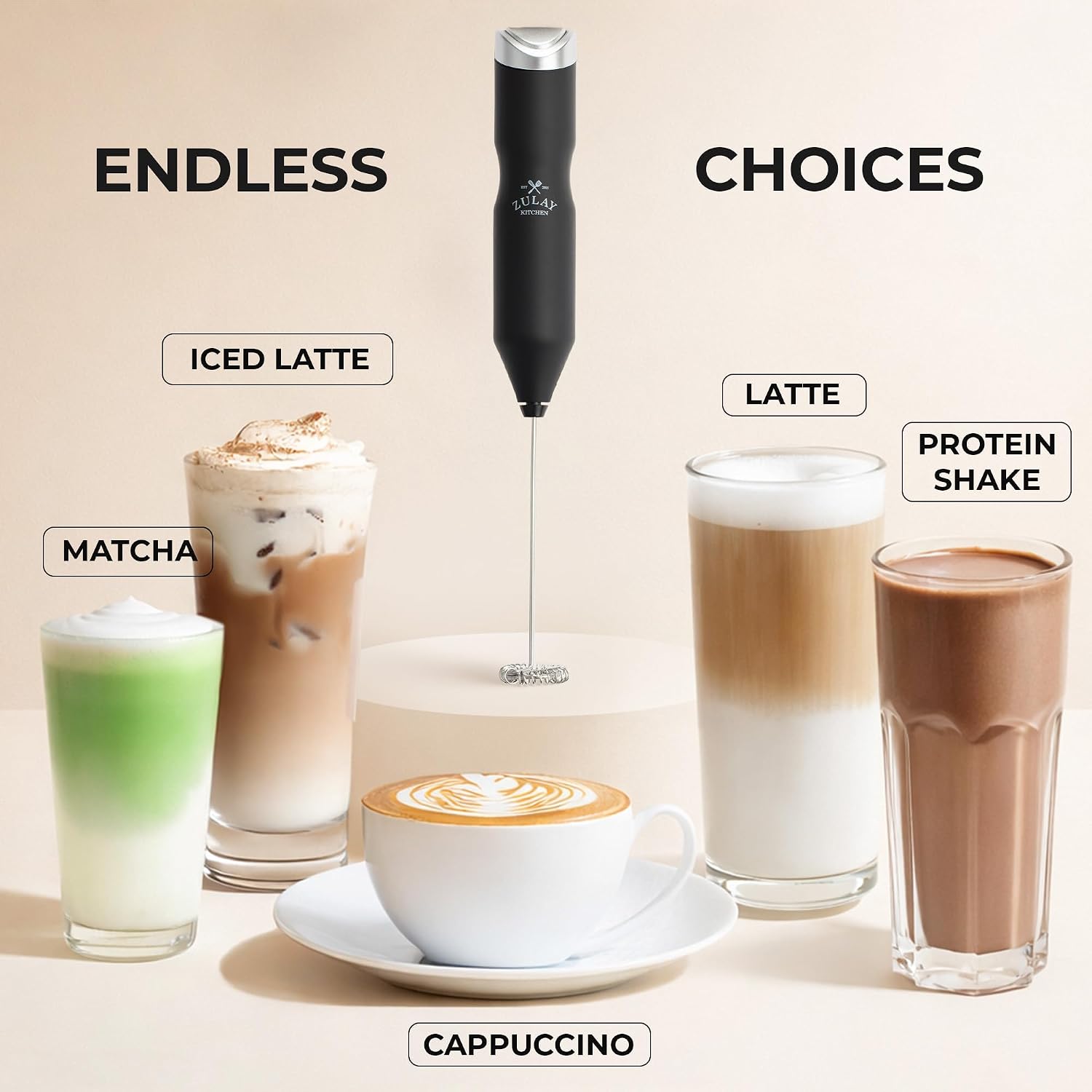 Detalle de Zulay Kitchen Powerful Frother Wand AA Batteries Included — Ultra Fast Handheld Milk Frother (Frothmate 2.0)