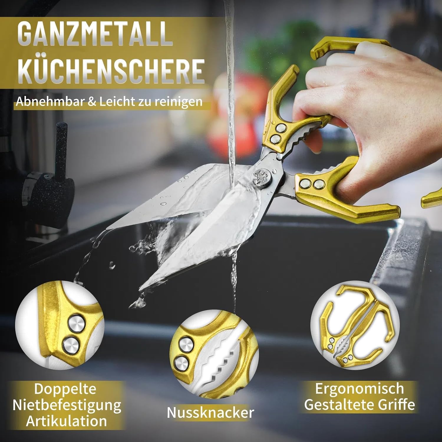 Detalle 2 de Dream Reach Geflügelschere Knochenschere – Mehrzweck Küchenschere aus Edelstahl, gold