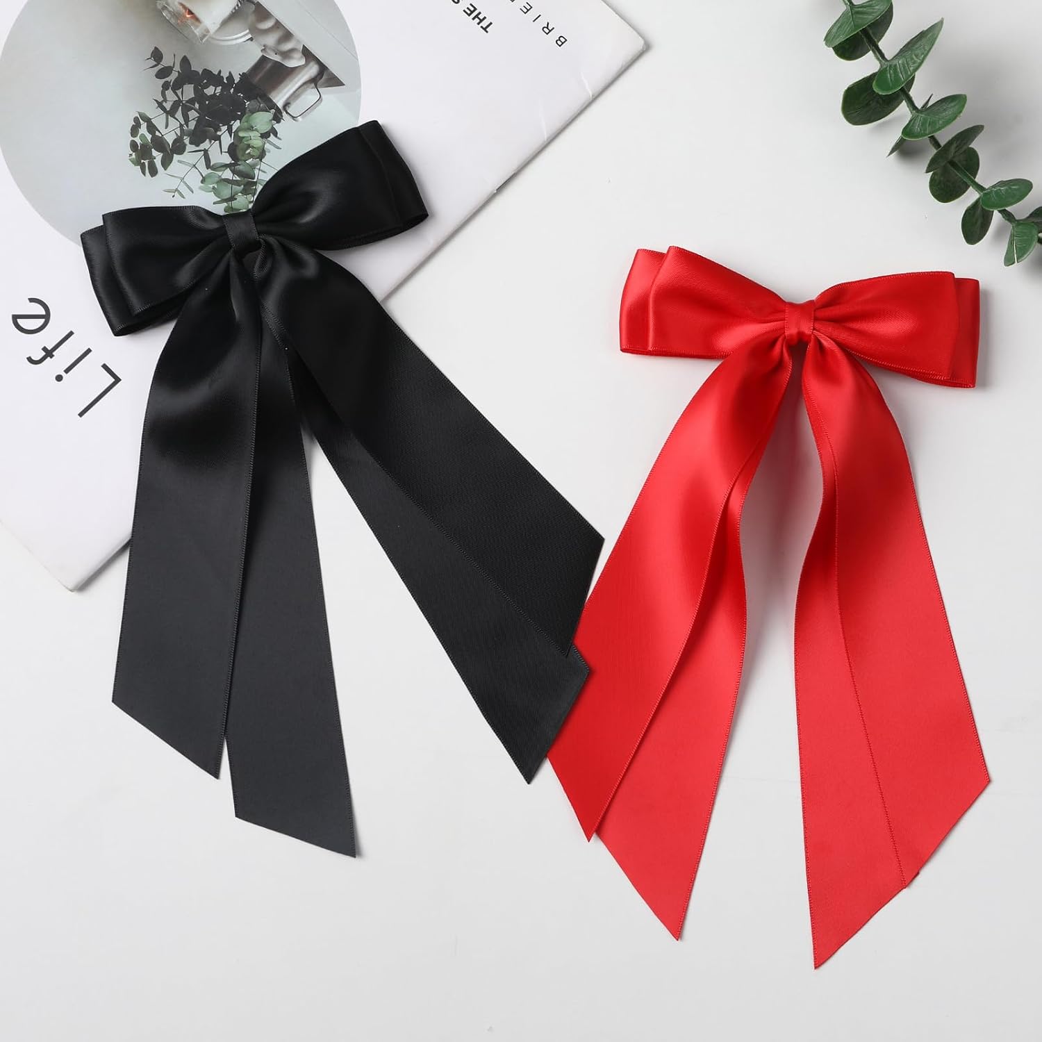 Detalle 2 de LuSeren Double-Layer Satin Hair Bows, 2-Piece Red and Black Clip Set