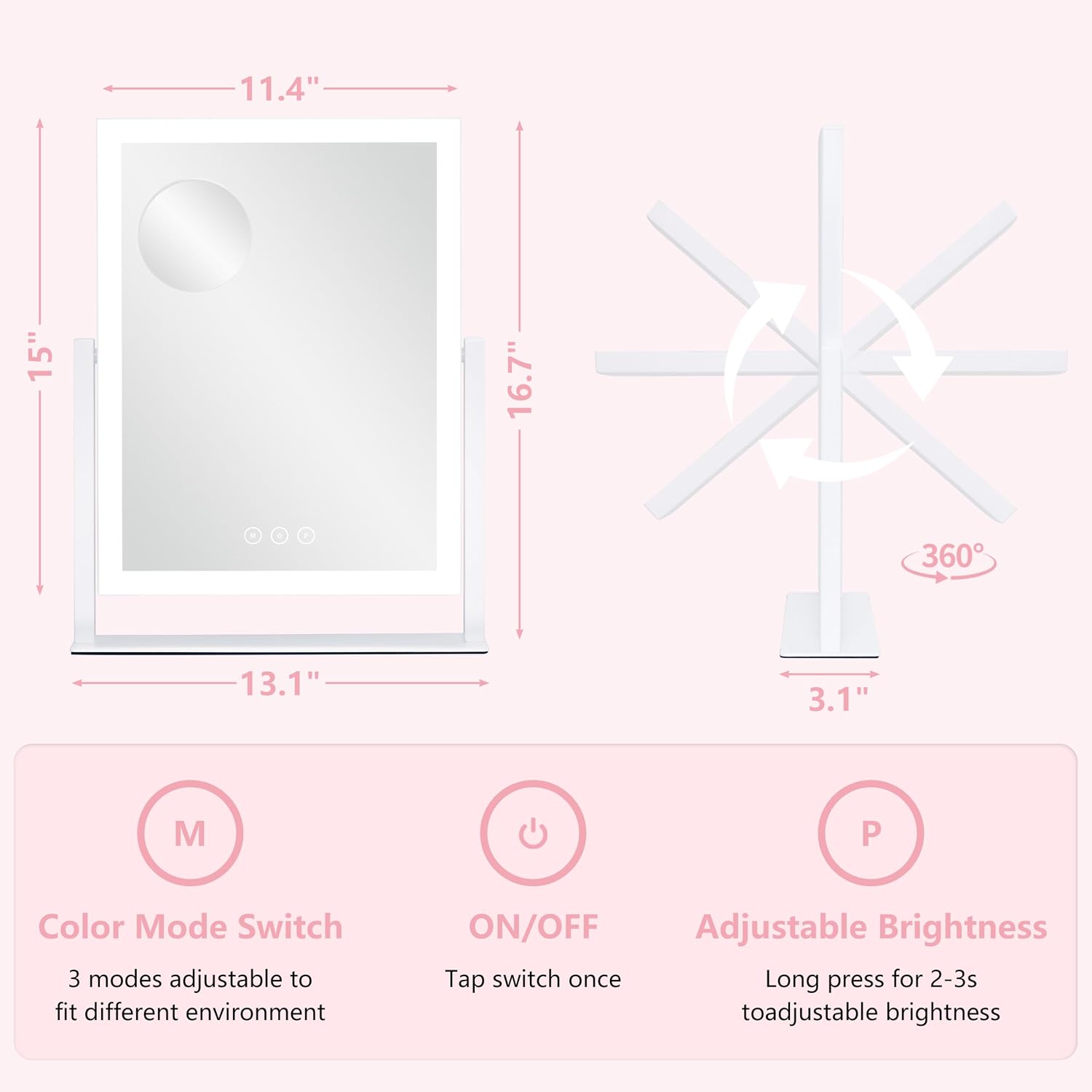 Detalle de Lighted Vanity Mirror with Lights: 16.7 x 13.2 inches, 180 LEDs, 3 Color Modes, 360° Rotation
