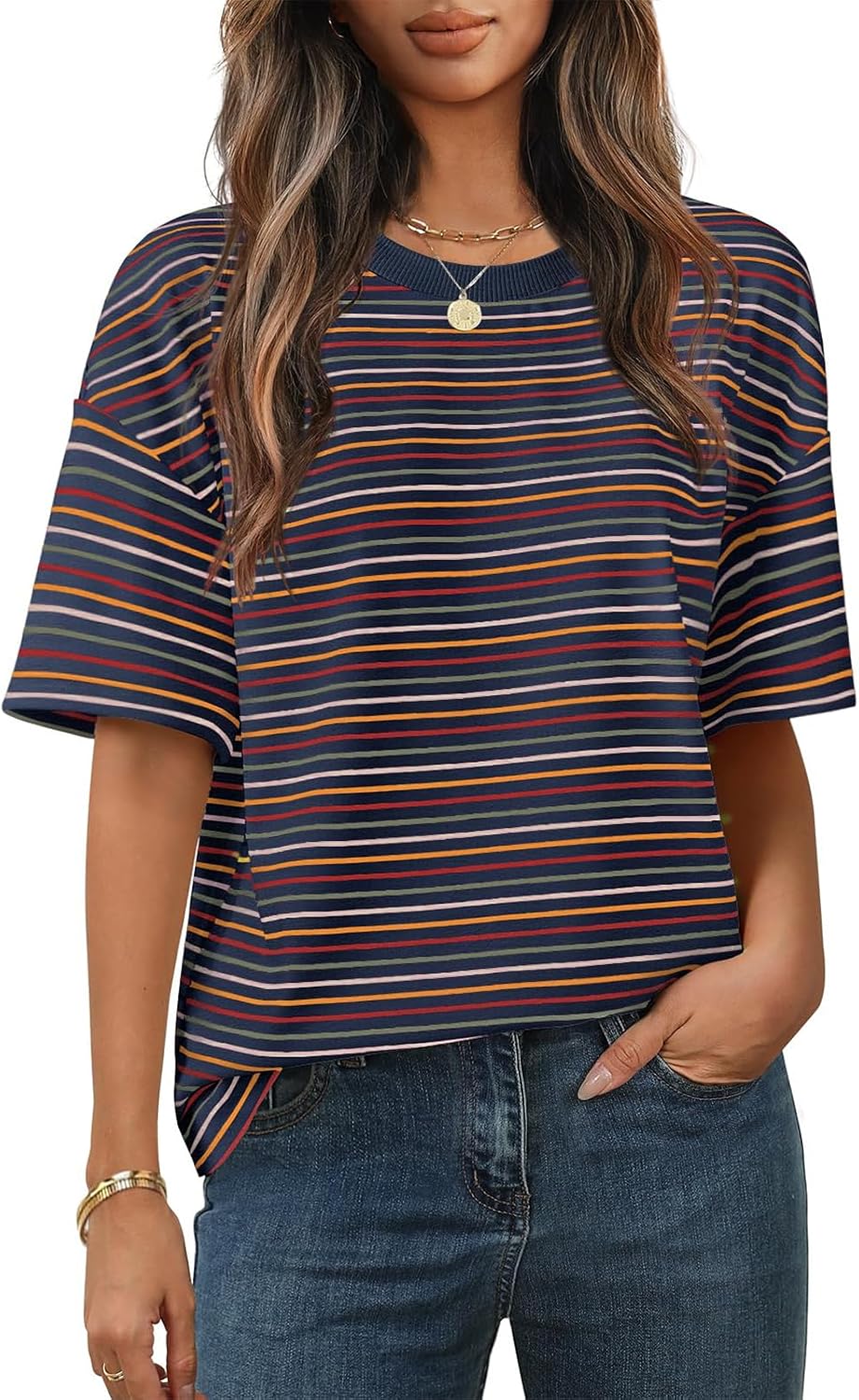 Detalle de Cuptacc Damen Oversize T-Shirt Rundhals – Streifen-Tunika für Sommer, locker und vielseitig