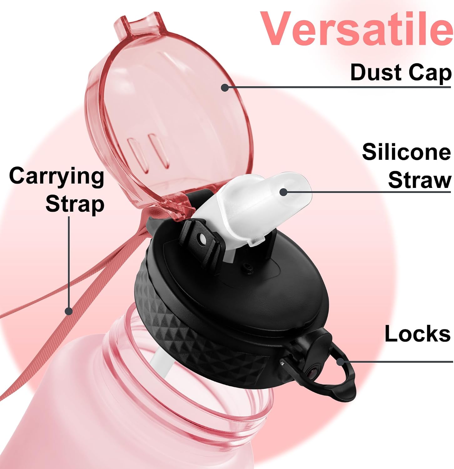Thumbnail 3 de GOPPUS 350ml Kids Water Bottle with Straw, Flip Top Lid & Strap (Blush Pink Ombre)
