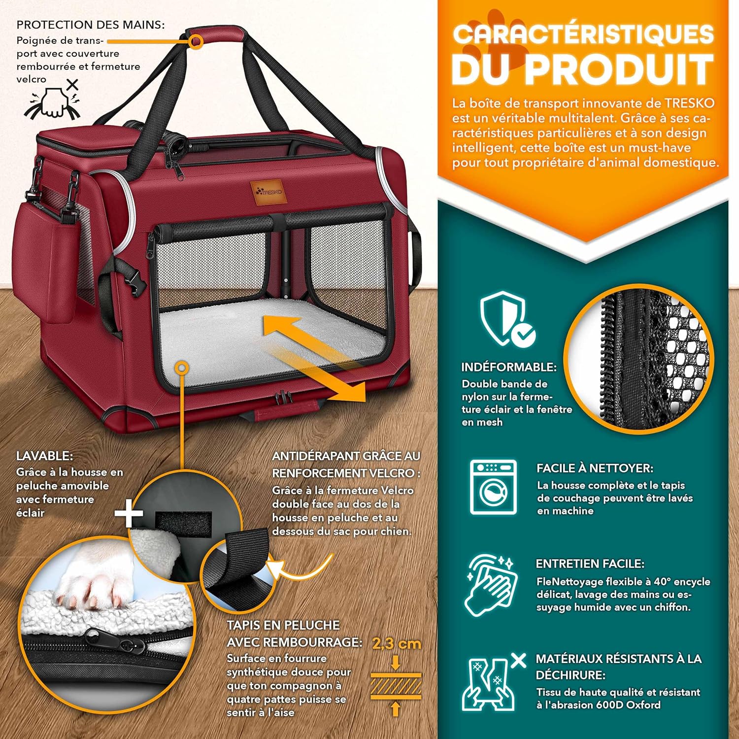 Detalle 2 de TRESKO Box pour chiens pliable avec tapis pour fuites et spatule – transporteur robuste pour chiens et chats (L, gris)