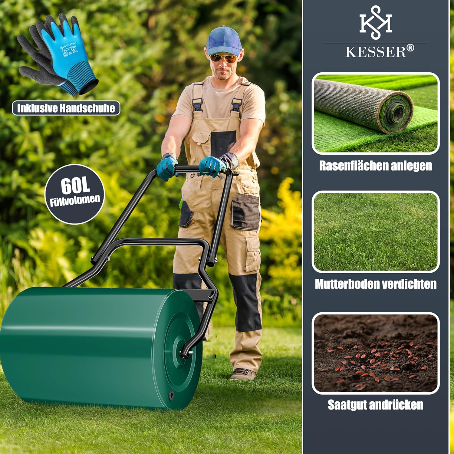 Thumbnail 5 de KESSER® Rasenwalze Metall, befüllbar mit Wasser oder Sand, 60 Liter Füllvolumen, 50 cm Arbeitsbreite – inkl. Handschuhe