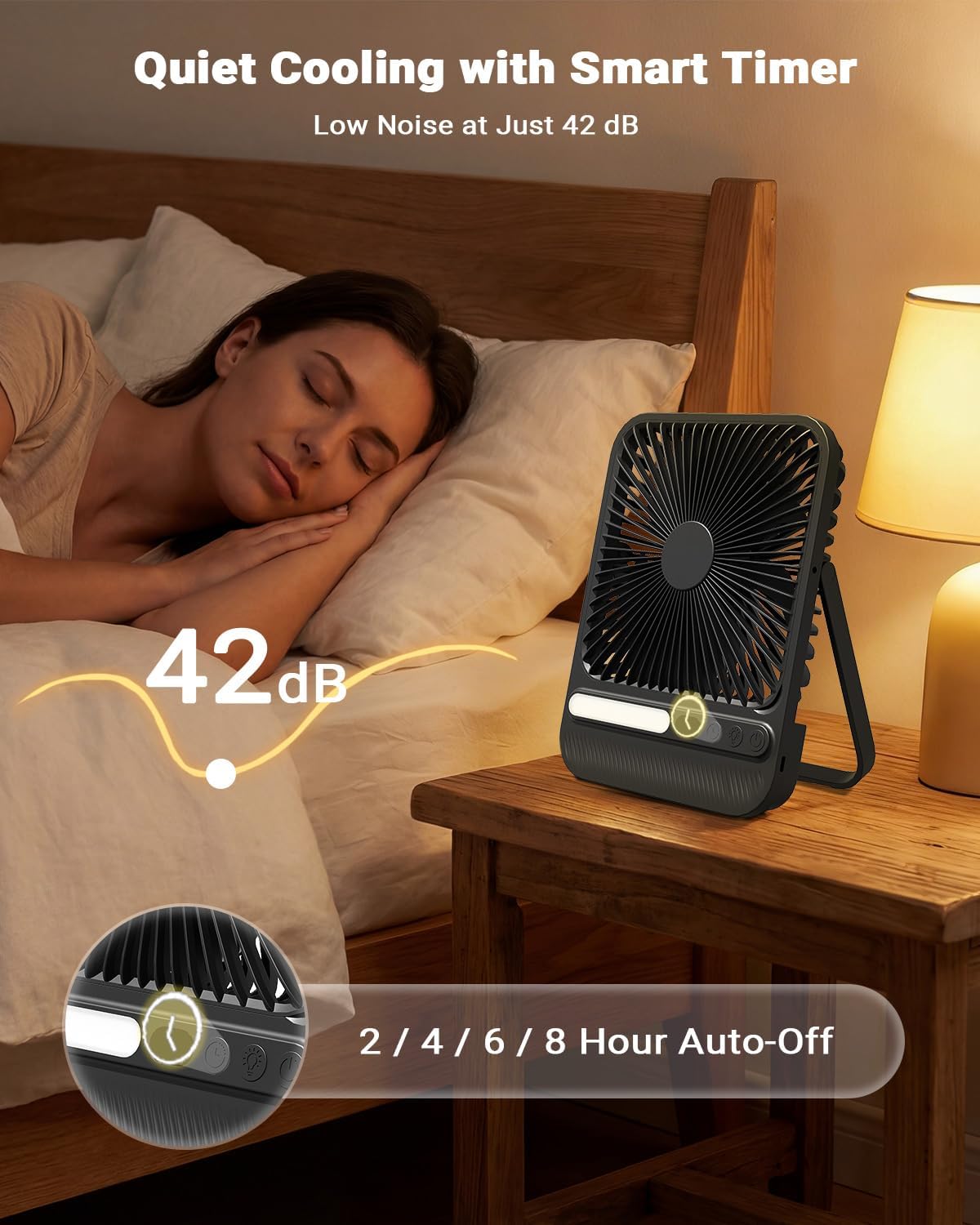 Thumbnail 5 de 7 Inch Portable Travel Fan with Light, 28H Runtime & 4 Speeds (42dB, Timer, 180° Tilt)