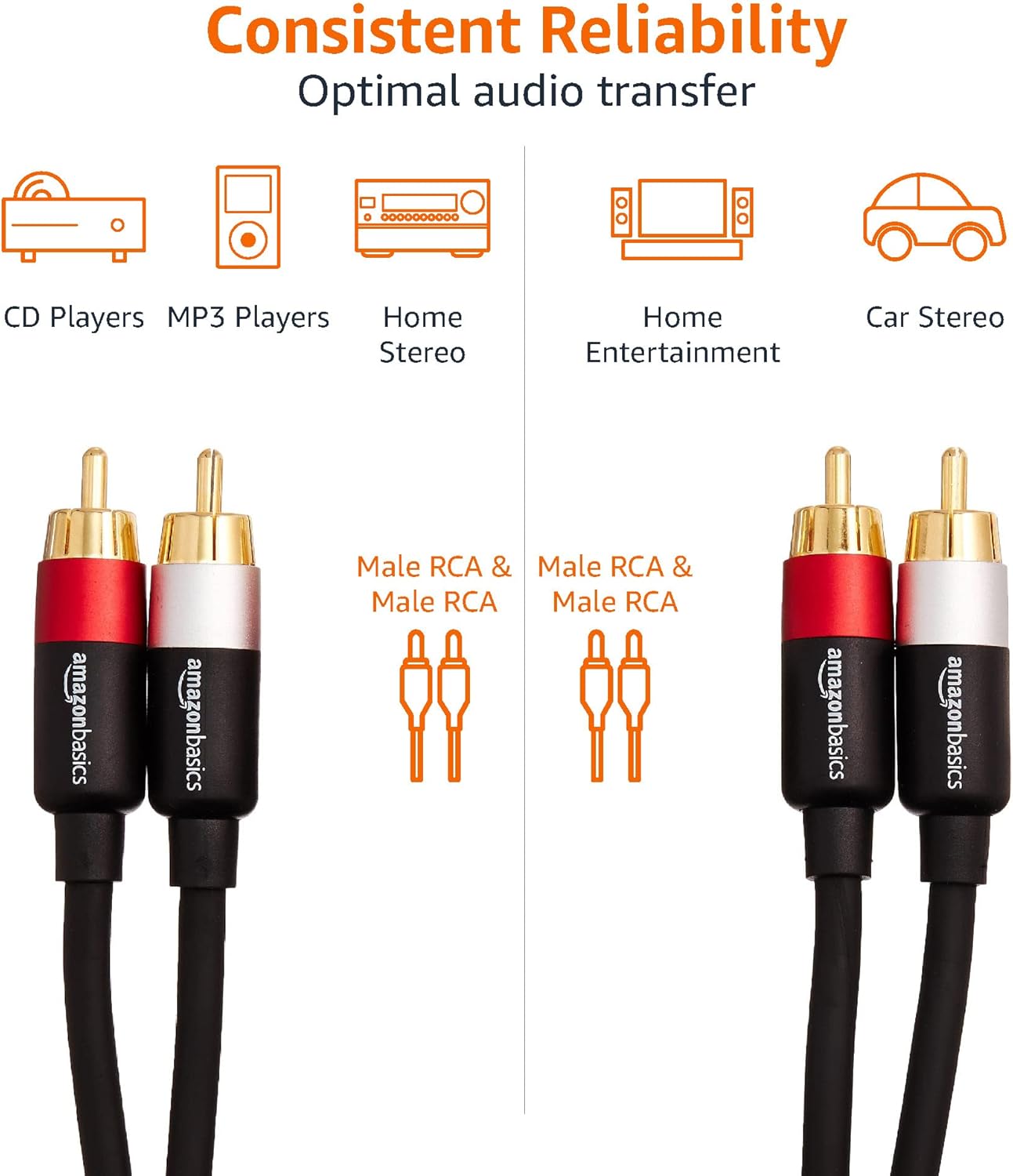 Thumbnail 3 de Amazon Basics 2 RCA audio cable (2.4 m) with gold-plated connectors for amp, active speakers or subwoofer
