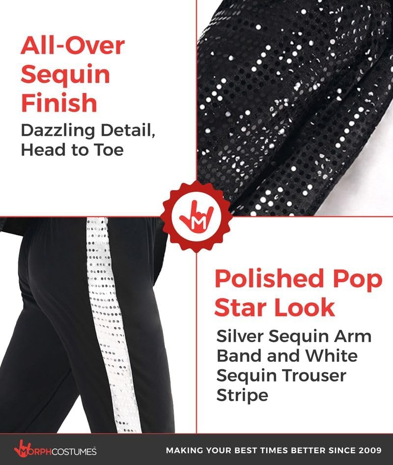 Detalle de Morph Popstar Costume for Men with Black Sparkle Jacket, Silver Gloves & Fedora