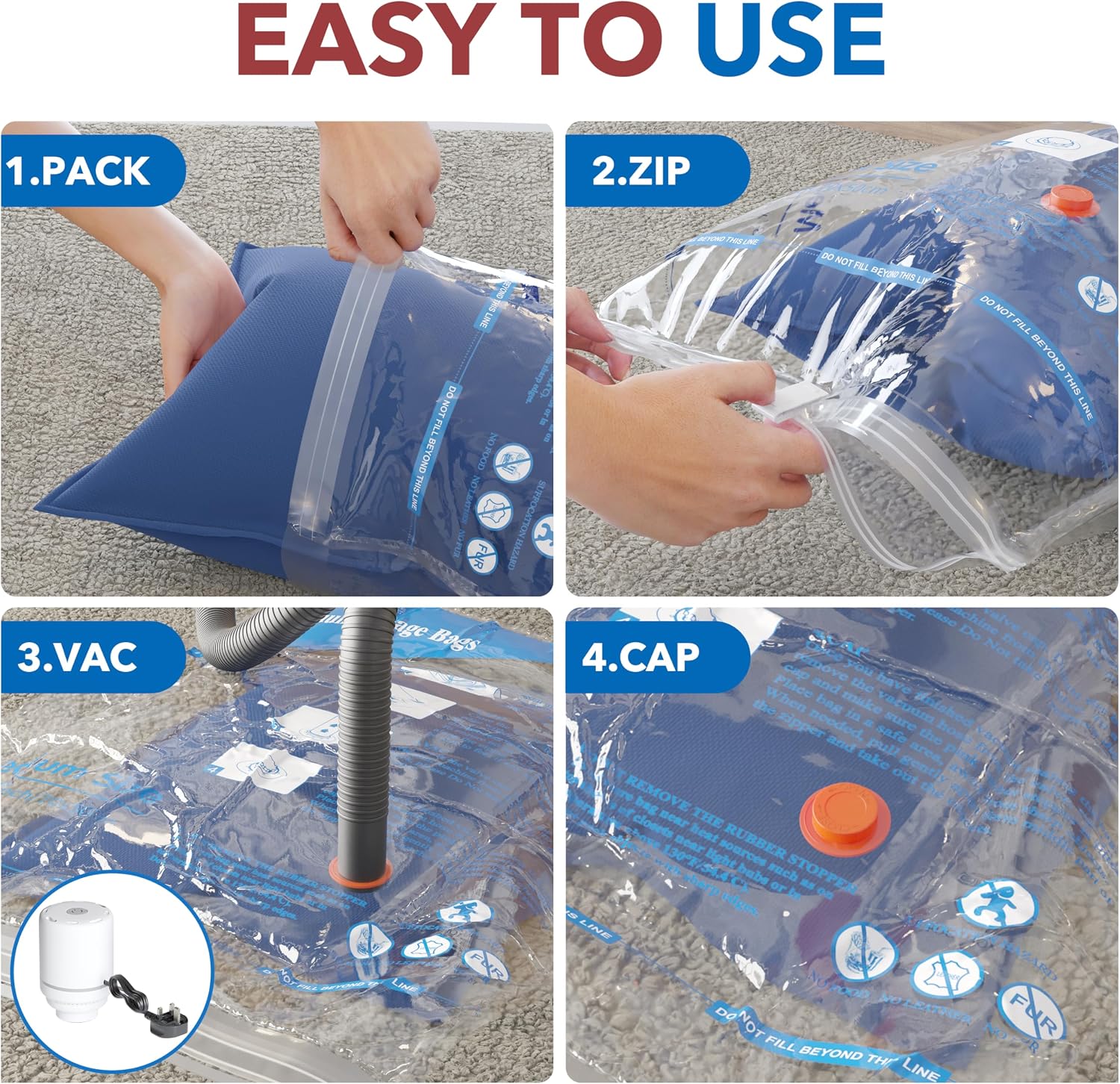 Detalle de 16 Pack Vacuum Storage Bags with Electric Air Pump – Jumbo to Small, Airtight Compression for Clothes and Bedding