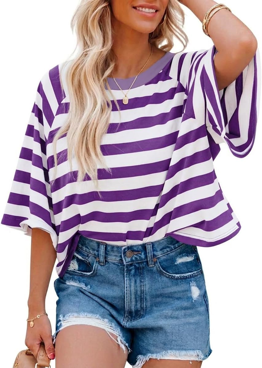 Thumbnail 6 de Chicrise Damen Oversize Ringelshirt – Sommer Kurzarm Top im Streifenlook