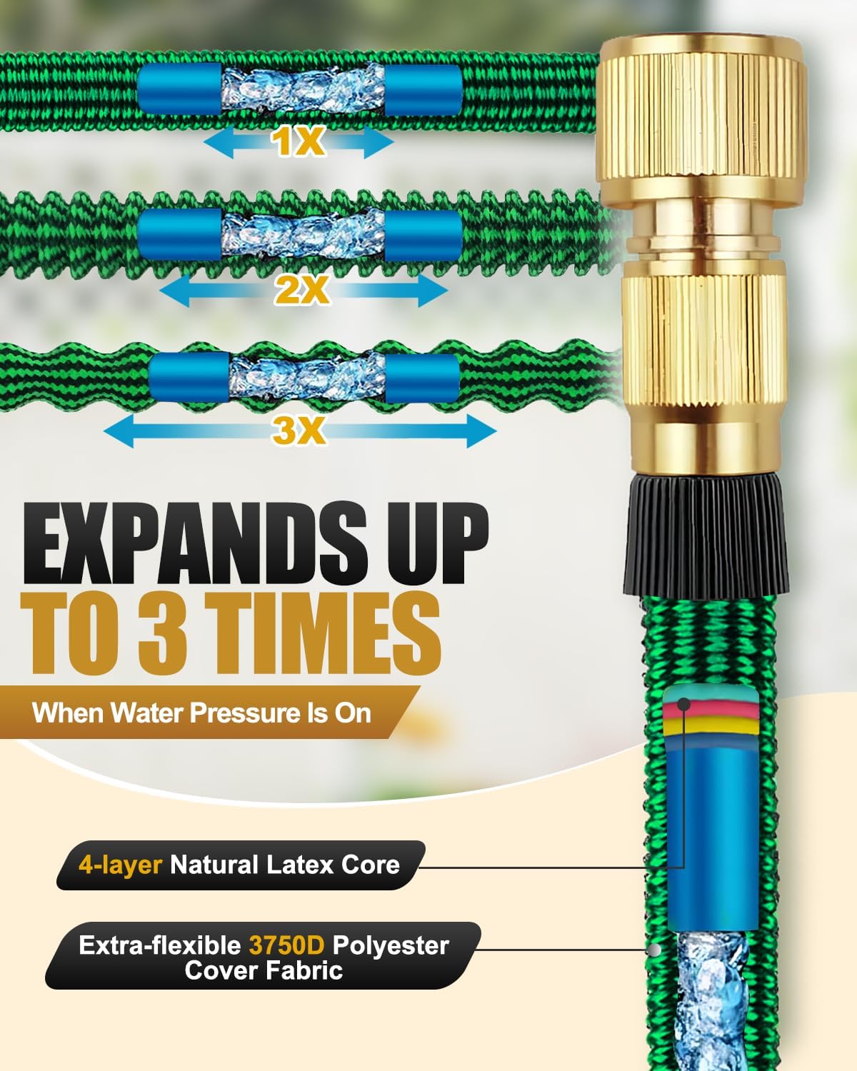 Thumbnail 2 de 150FT/45M Expandable Garden Hose with 10-Pattern Spray Nozzle and 3/4" & 1/2" Fittings (Kink-Free “Magic Hose”) – Green