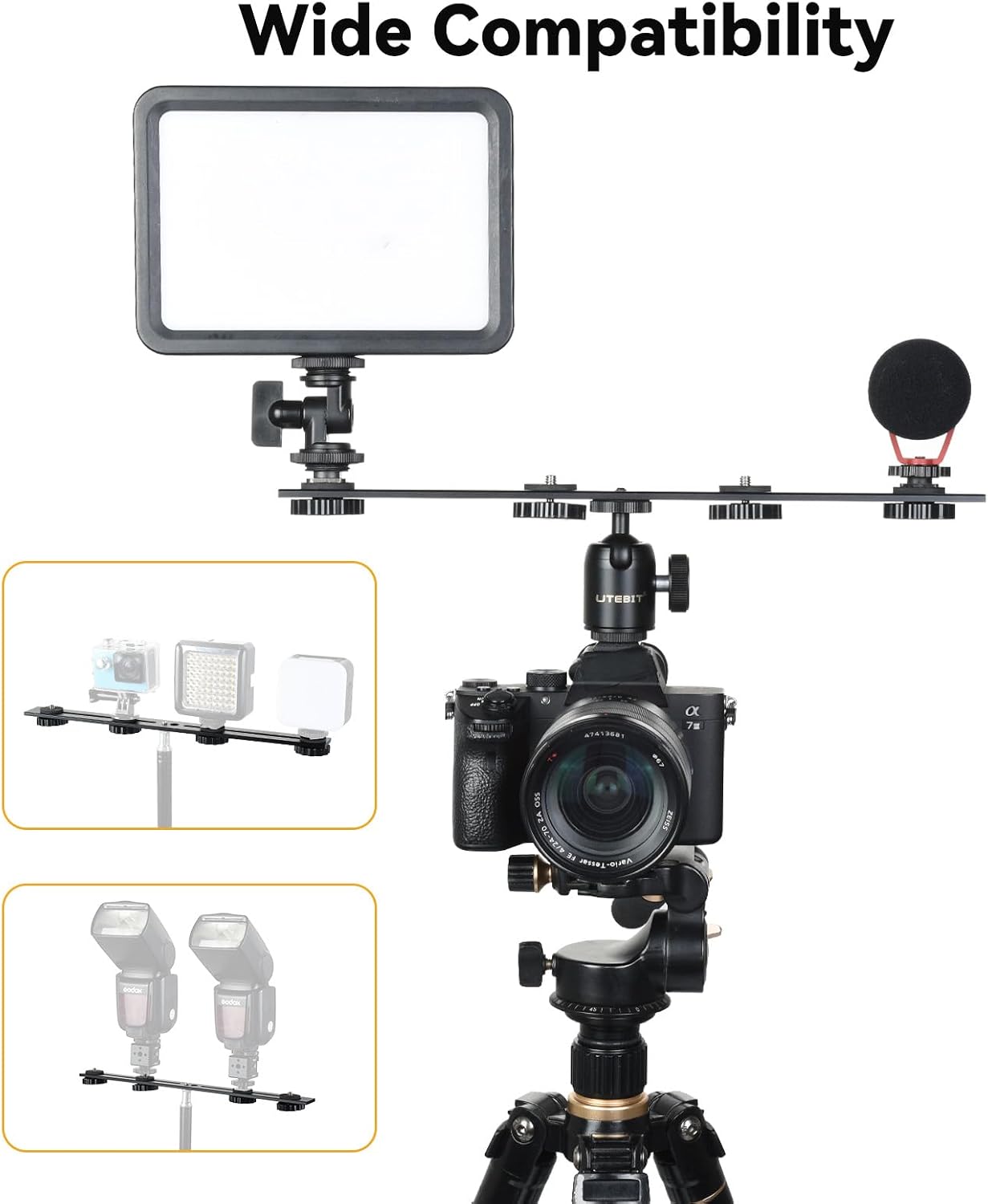 Thumbnail 3 de UTEBIT 33cm Dual Camera Mount with 13'' Flash Extension — Aluminium Bracket for GoPro, Insta360, DSLR and LED Lights