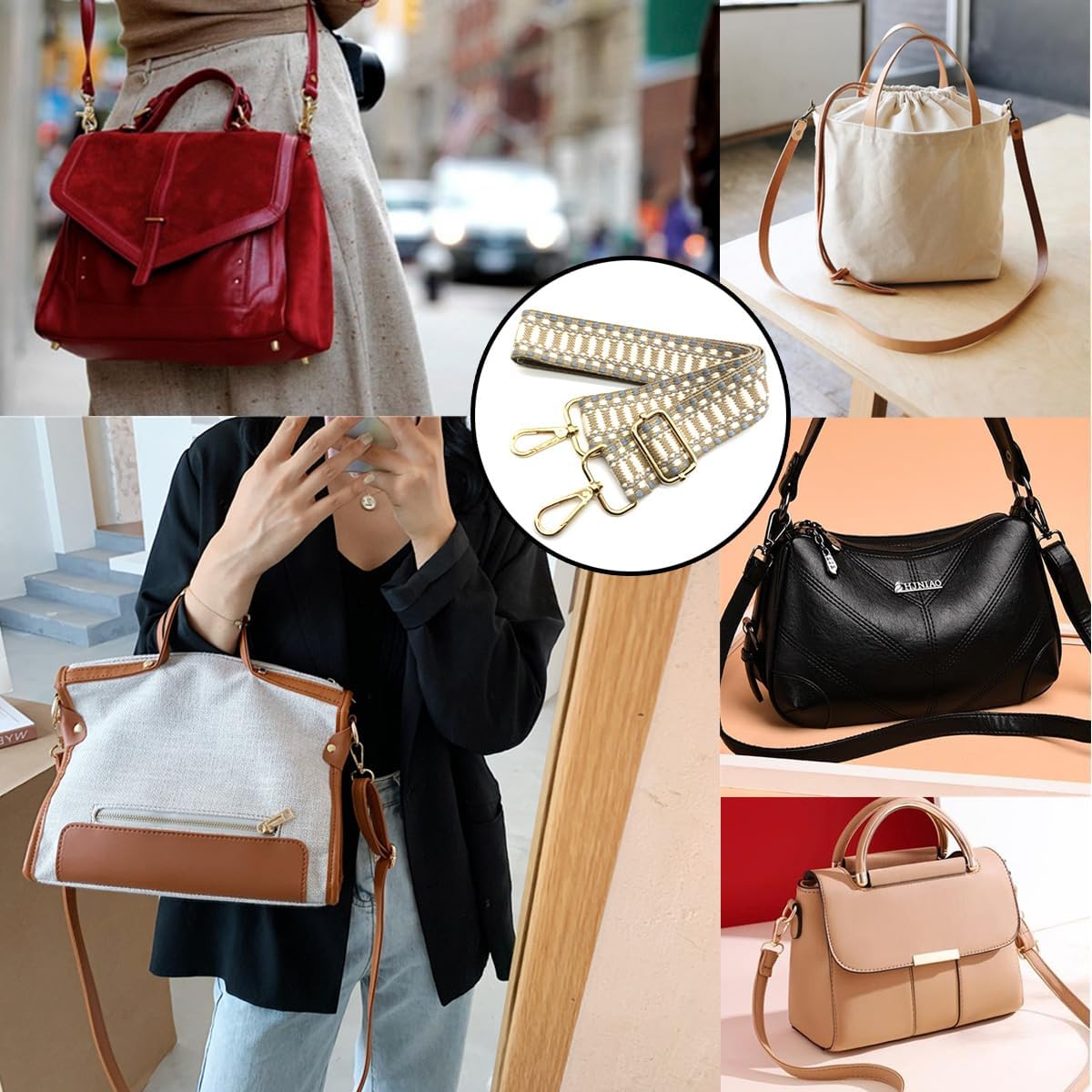 Thumbnail 4 de Verstellbarer Schultergurt Tasche Khaki Beige Grau (80–130 cm) – 3,8 cm breit, mit Karabiner (Gold) zum Wechseln