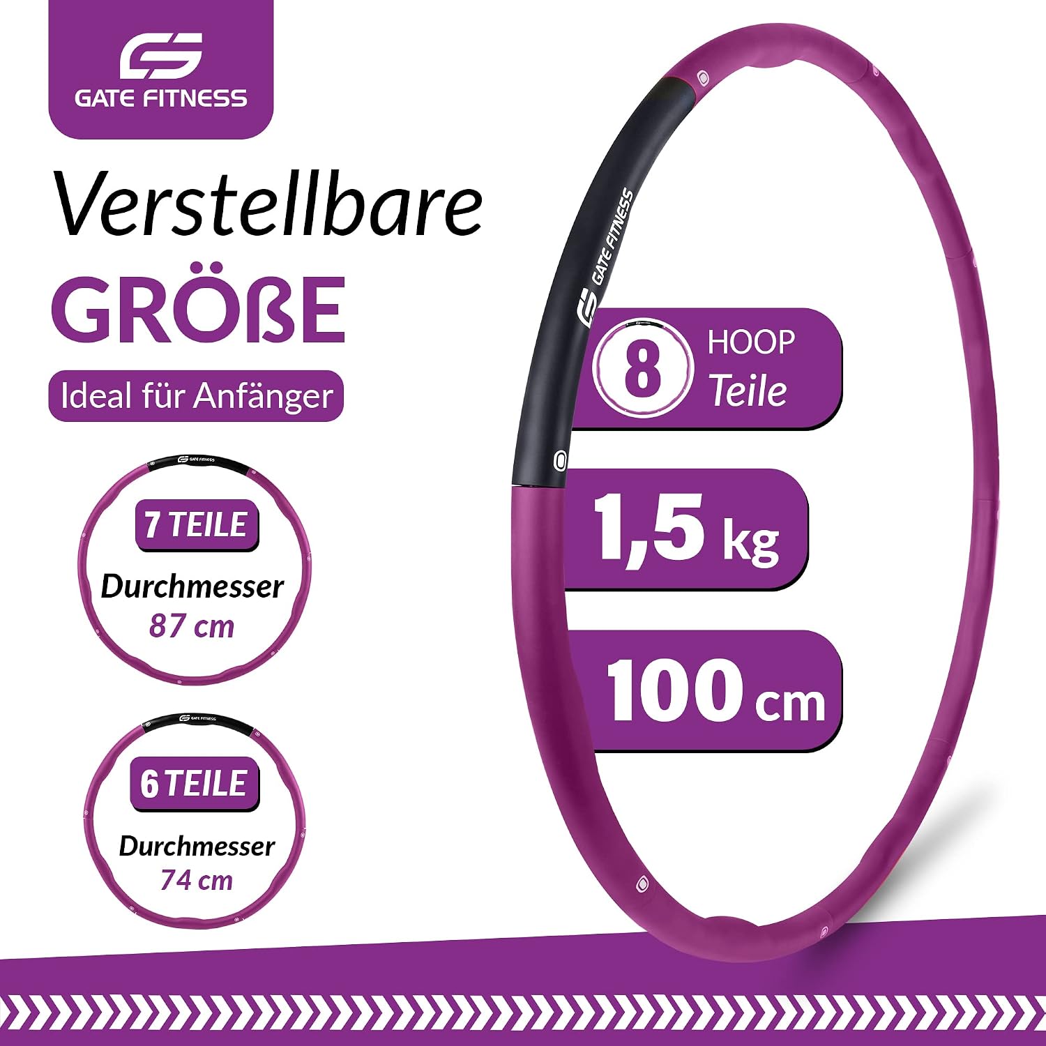 Detalle de GATE FITNESS Hula Hoop Reifen für Erwachsene & Kinder (1,2 / 1,5 / 2 kg) mit 6–8 Segmenten und Schaumstoffpolster