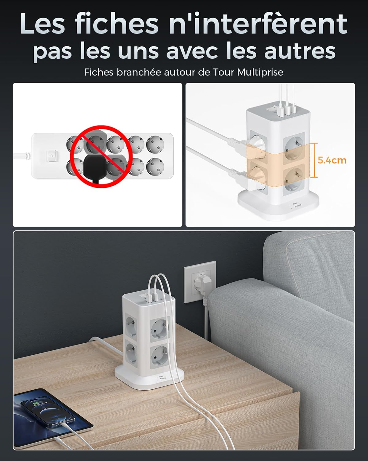 Detalle de TESSAN Tour multiprise 8 prises + 3 USB 3 m ⚡