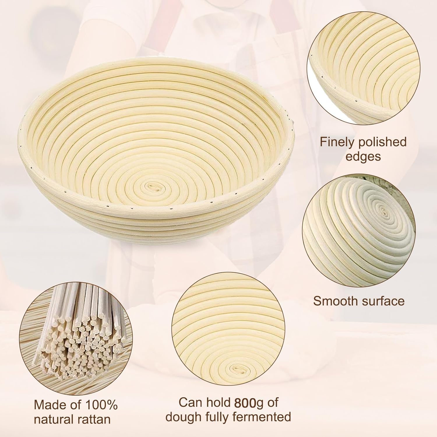 Thumbnail 1 de Clheatky Gärkörbchen Rund Set (23 cm) mit Leineneinsätzen – Proofing Basket für Brotteig bis 1 kg