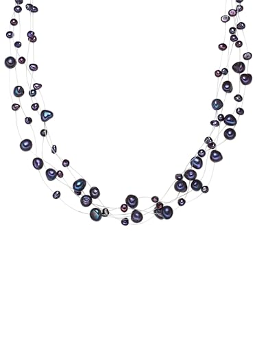 Detalle de Valero Pearls Collier de perles en argent 925 – perles de culture d’eau douce bleu foncé, 43 cm + 5 cm d’extension, 5 rangées