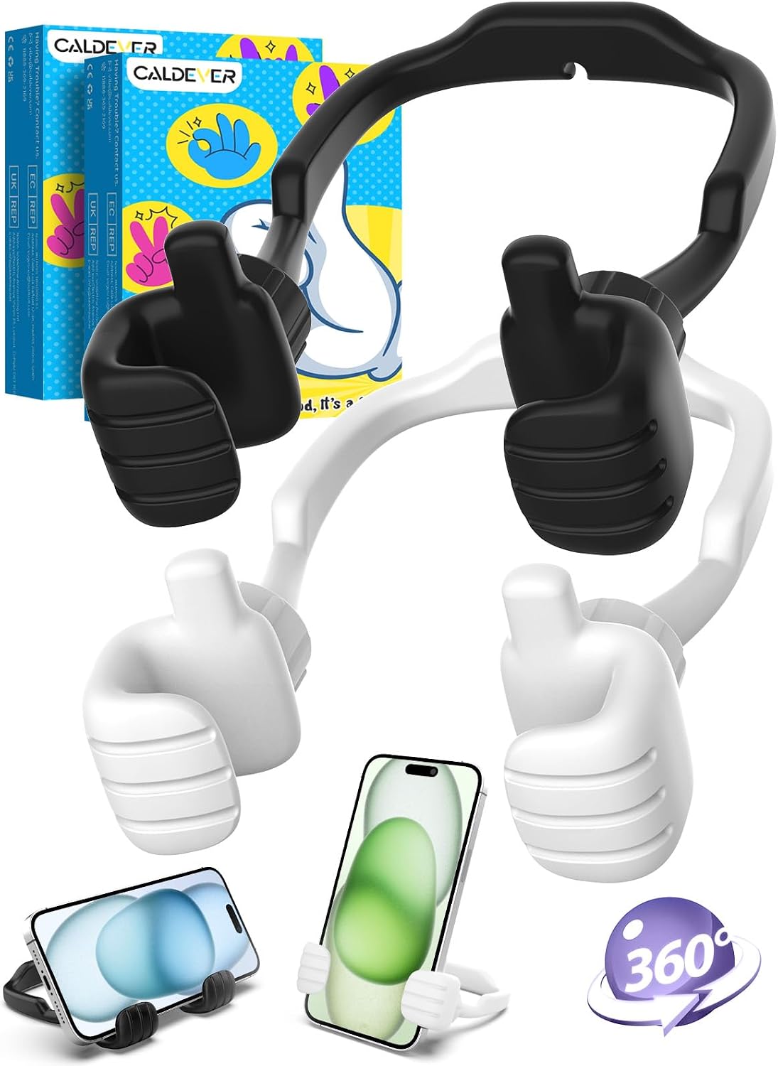 Detalle de CALDEVER Thumbs-Up Phone Stand 2-Pack, 360° Adjustable, Black and White