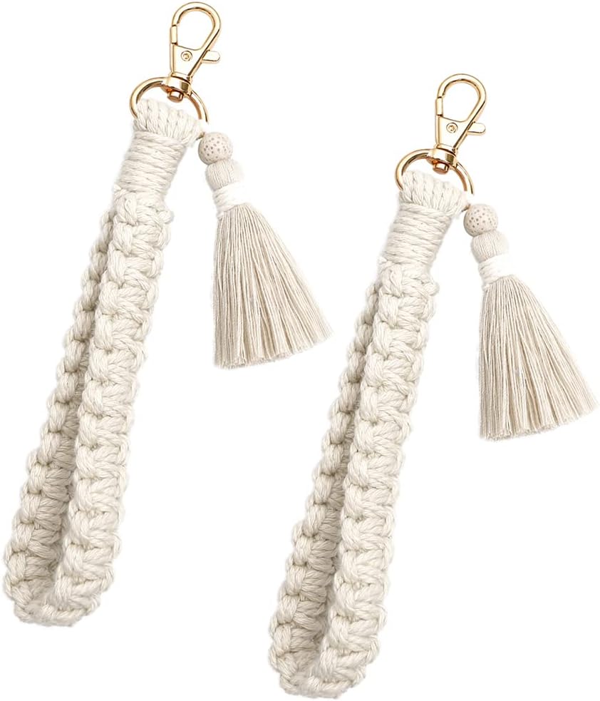 CHUQING Lot de 2 porte-clés en macramé fait à la main – blanc, 15 cm