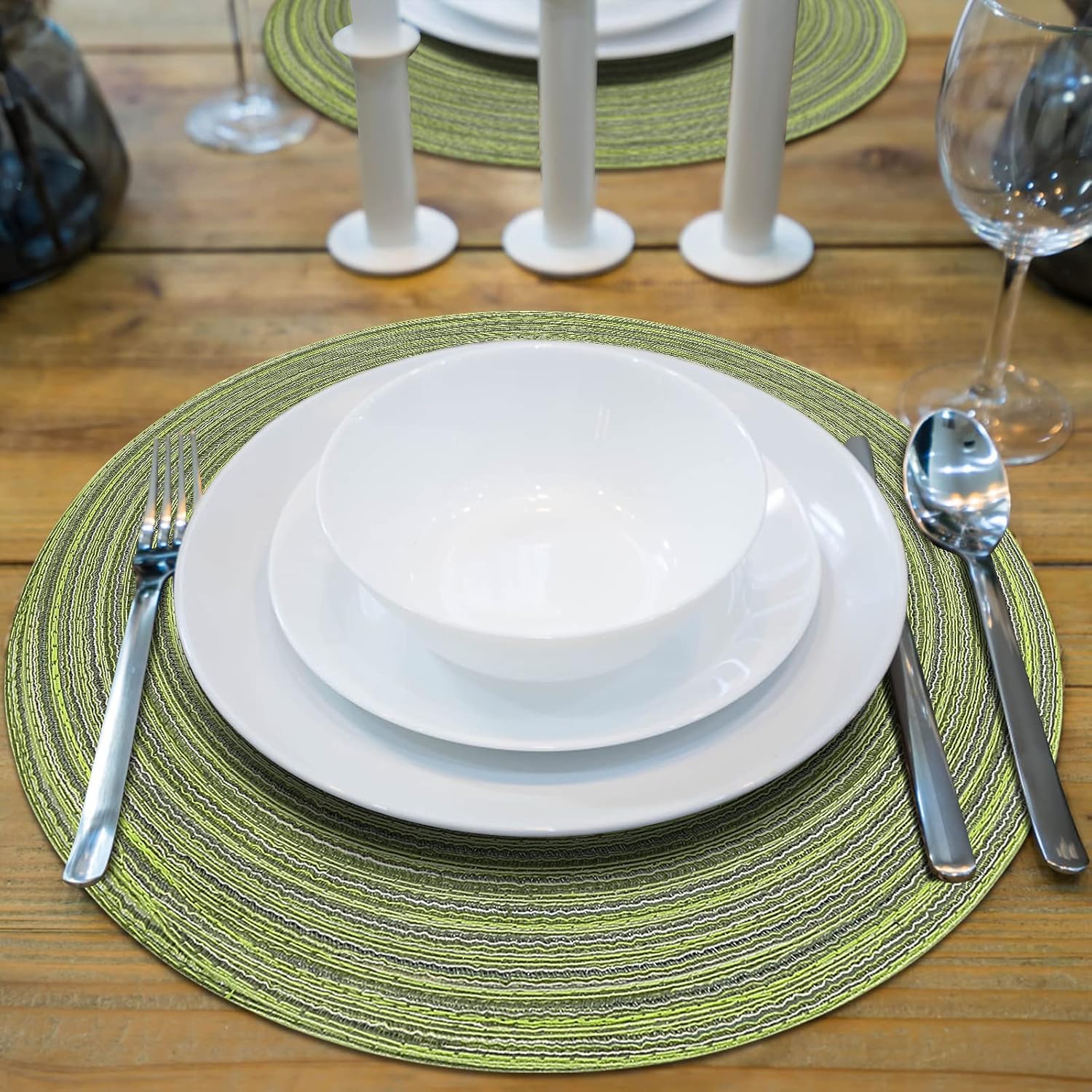 Detalle 2 de Pauwer ronde geweven placemats, set van 6, groen, 38 cm