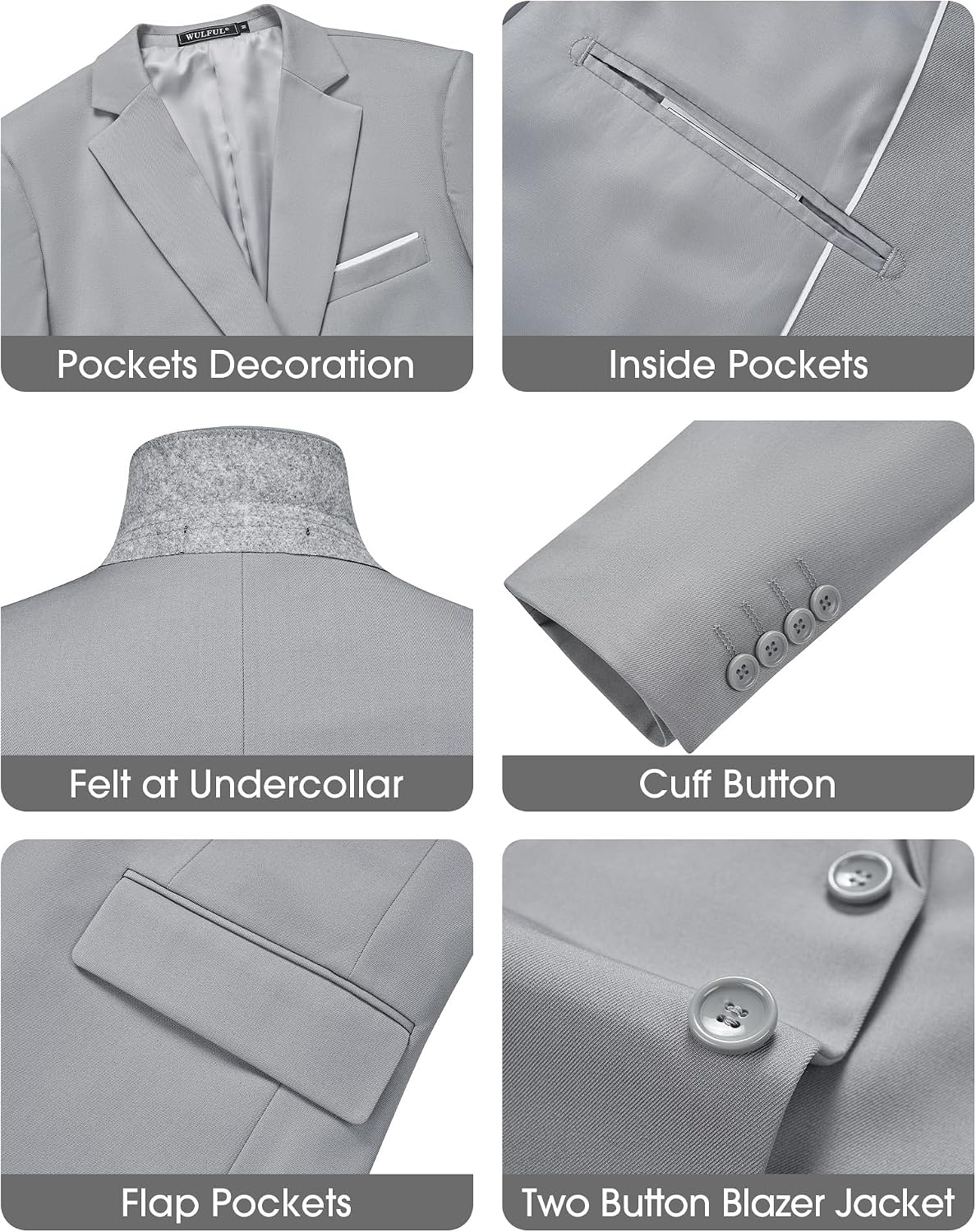 Thumbnail 5 de WULFUL Men’s Slim Fit 3-Piece Suit Set (Two-Button Blazer, Vest & Pants)