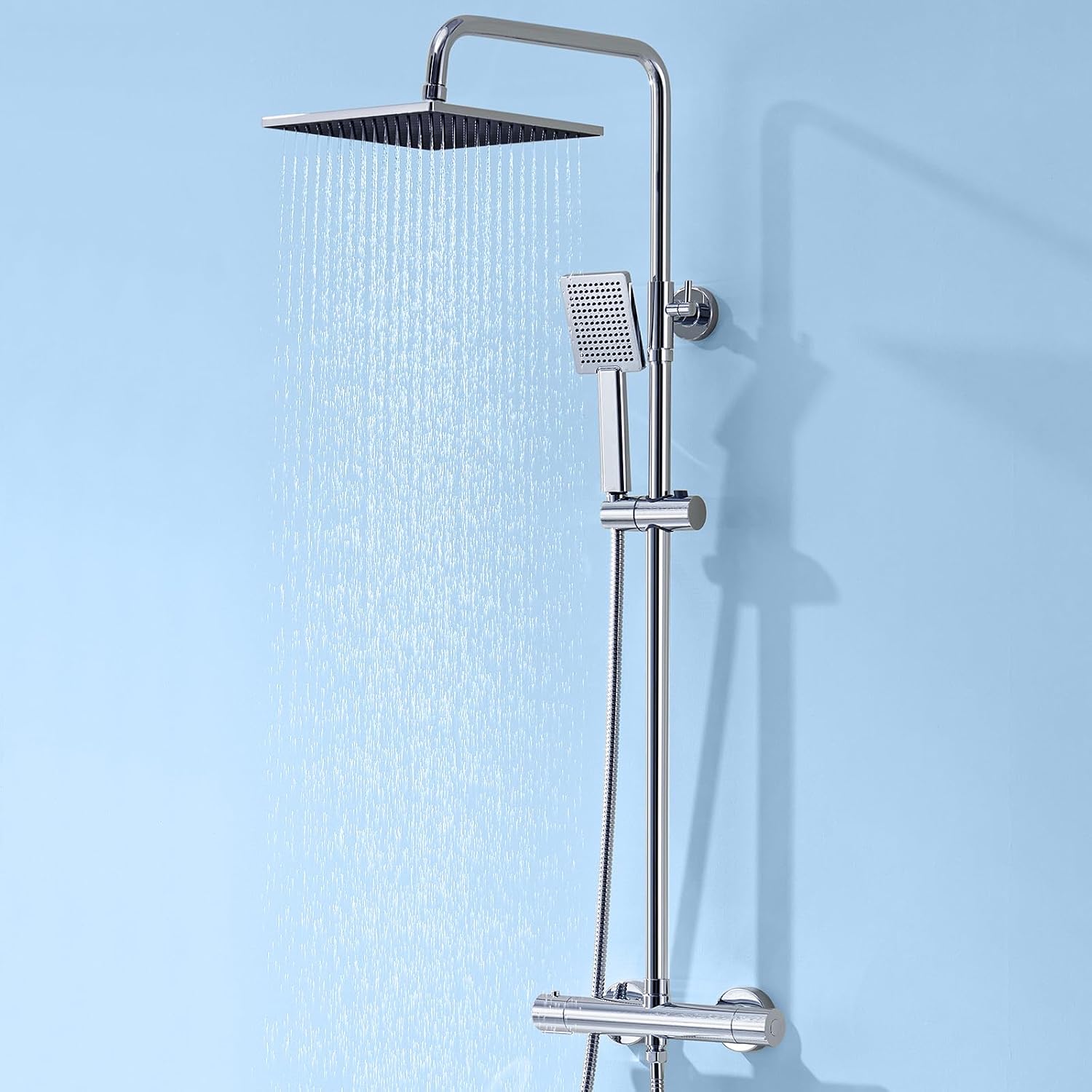Detalle de Auralum Thermostat-Duscharmatur Komplettset mit Verbrühschutz & Regendusche (250 x 250 mm) in Chrom