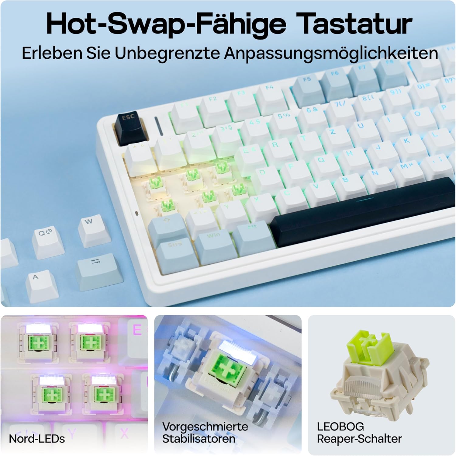 Detalle de MechLands Aula F75 75% Mechanische Tastatur (QWERTZ ISO-DE) – Tri-Mode, RGB, Hot-Swap, Reaper Linear