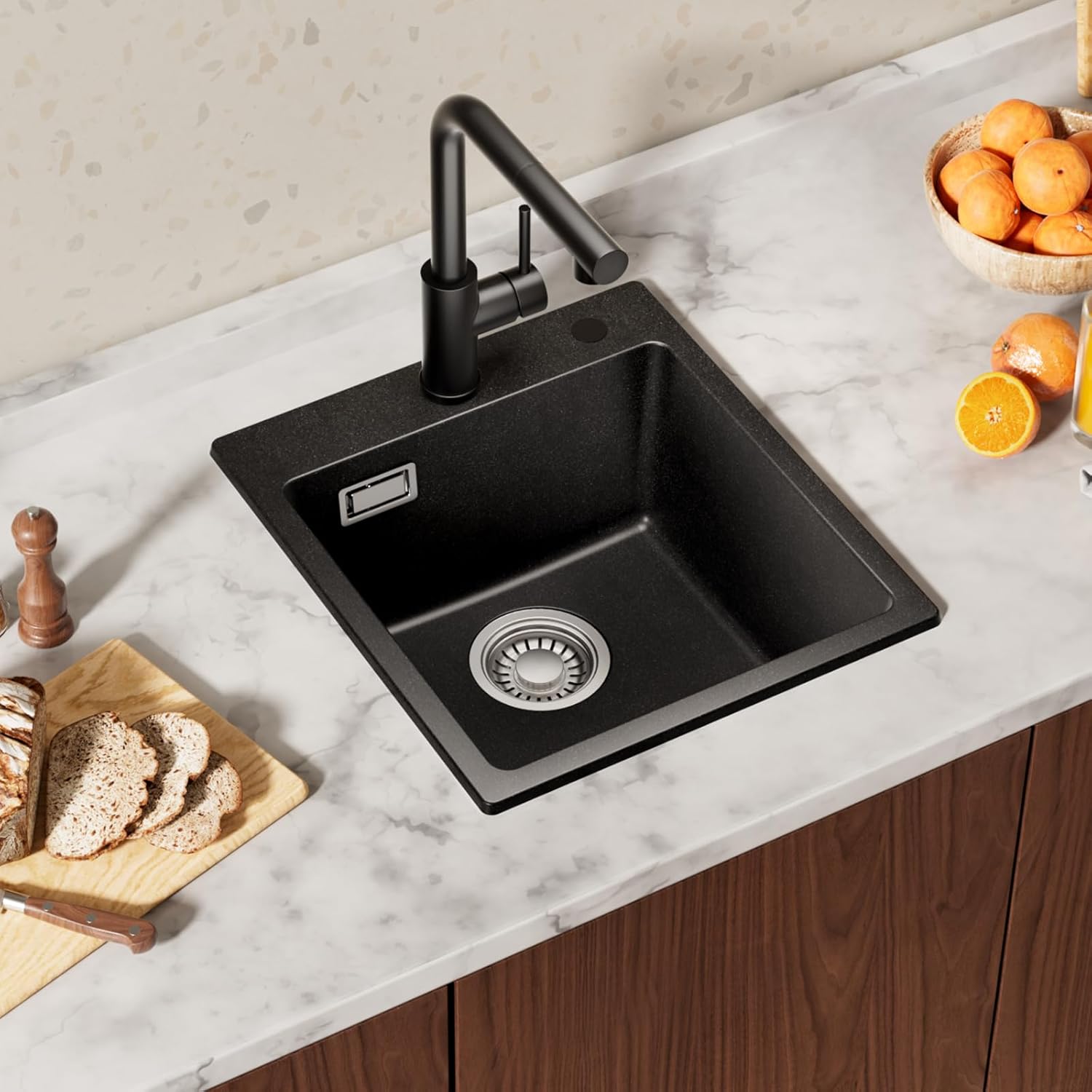 Detalle de CECIPA Spülbecken Schwarz Granit 40x45 cm – rechteckiges Einzelbecken mit 2 Hahnlochungen