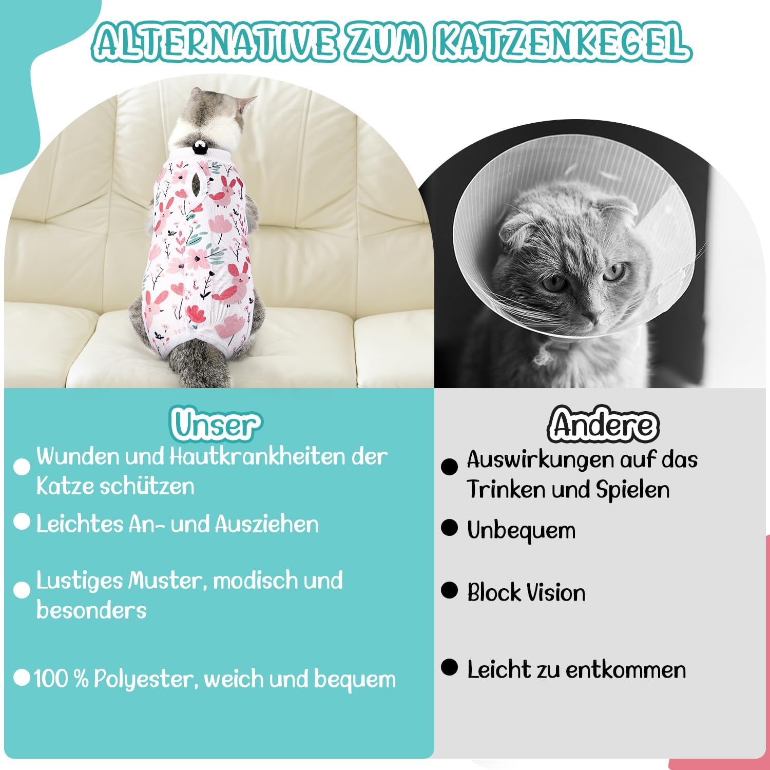 Thumbnail 4 de Eyein Katzenbody nach OP (atmungsaktiv, anti-leckend) – Erholungsanzug statt E-Kragen, verstellbar, Weiß, Größe L