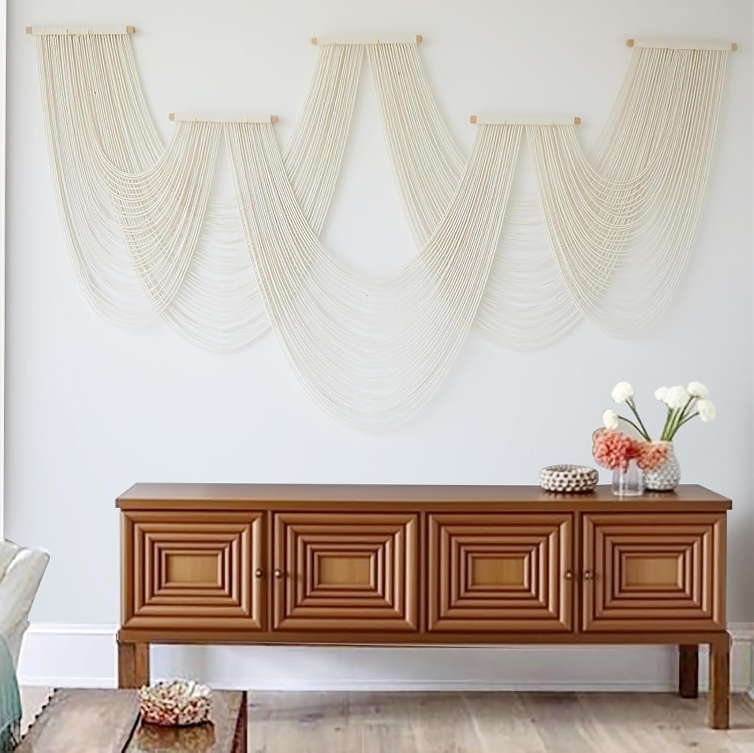 Detalle de IOWER Ivory Macrame Wall Hanging, Handmade Geometric Fiber Wall Art