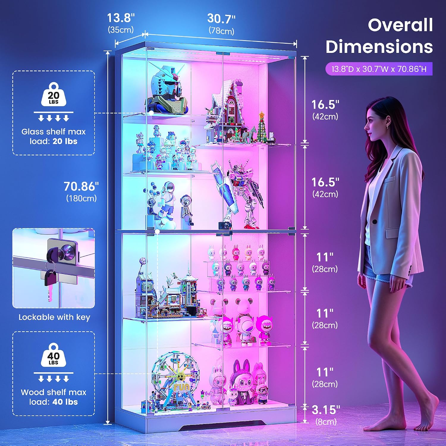 Detalle de Lvifur 10-Tier Glass Display Cabinet with RGB Lighting and Motion Sensor