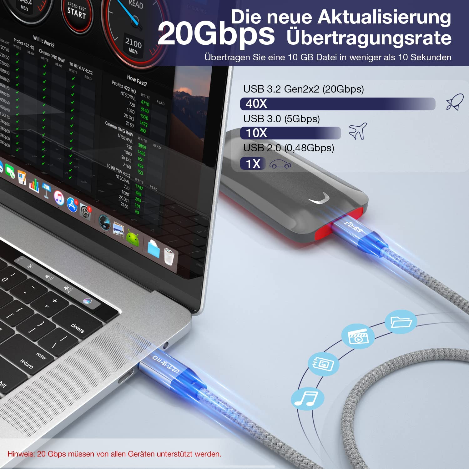 Thumbnail 1 de USB-C Kabel (Kurz 30 cm) mit 20 Gbit/s, bis 240 W & 4K@144 Hz – USB 3.2 Gen 2x2 / USB4 Gen2x2 Daten- und Ladekabel