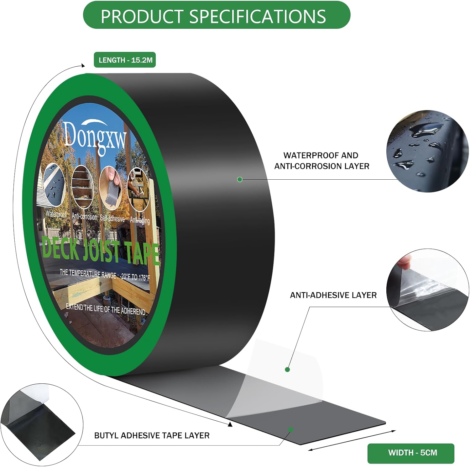 Thumbnail 1 de Dongxw Joist Tape: 8 Rolls of 5cm x 15.2m Waterproof Butyl Deck Flashing Tape
