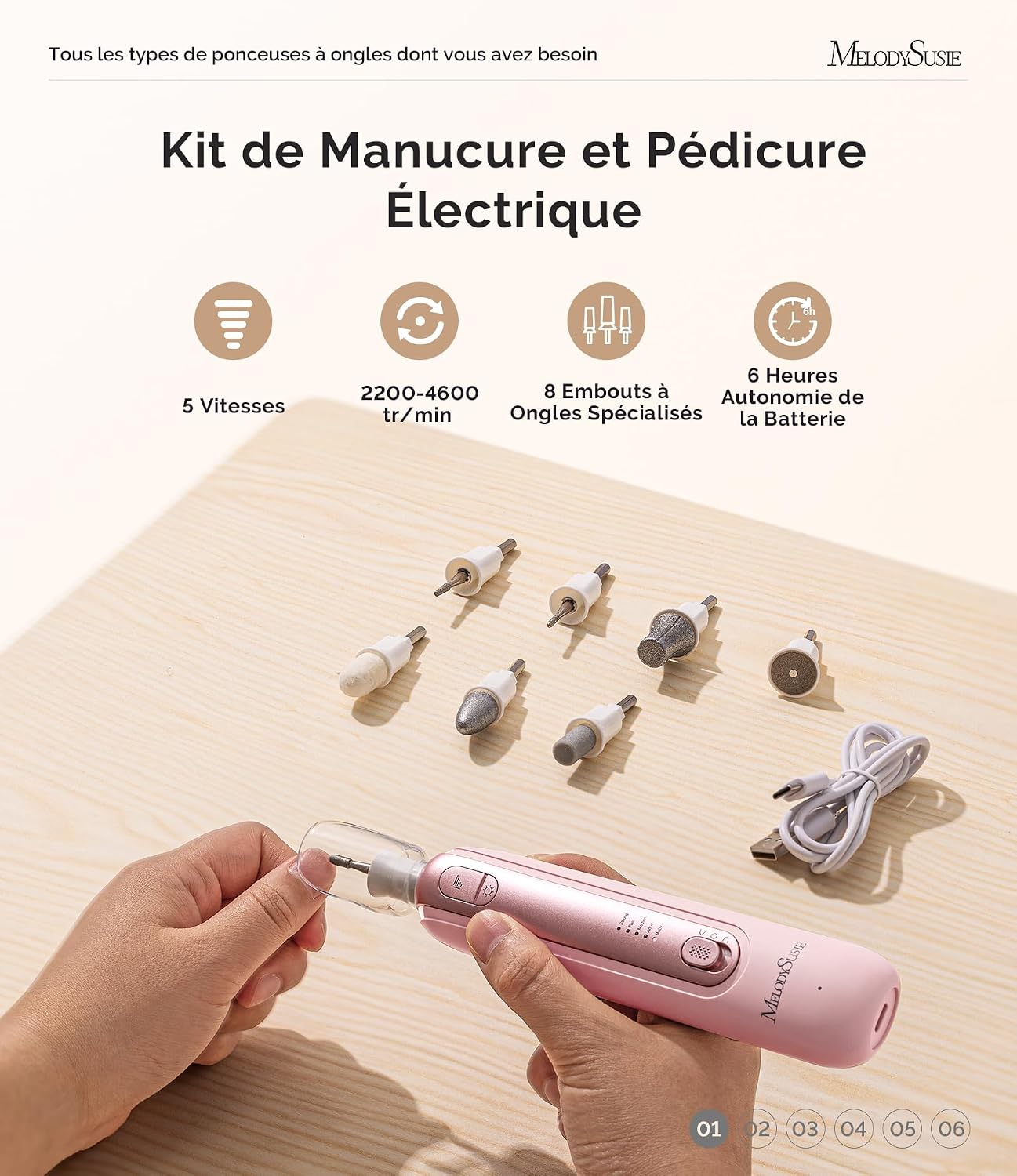 Detalle de MelodySusie ponceuse pour ongles PC760G – kit manucure/pédicure sans fil avec 8 embouts et LED 360°, 5 vitesses