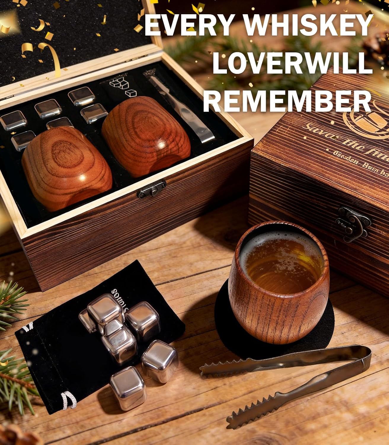Detalle de Wooden Whiskey Glass Set, Charred Oak