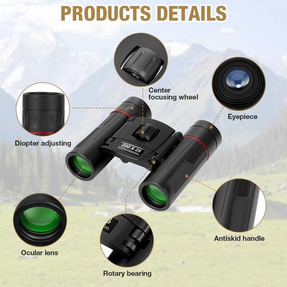 Detalle de OFFCUP 200x25 Mini Compact Binoculars: Lightweight, High-Powered Pocket Binoculars for Outdoors and Travel