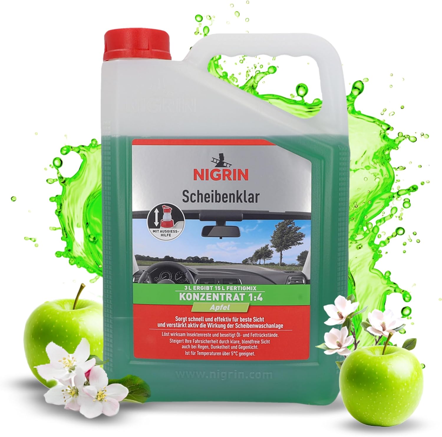 Thumbnail 1 de NIGRIN Scheibenklar Konzentrat 1:4 Apfel | 3 Liter – klare Sicht für Auto-Scheiben und Scheinwerfer