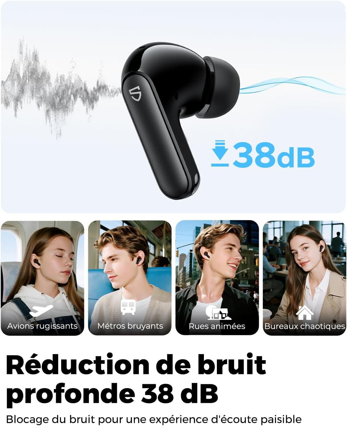 Detalle de SoundPEATS Q3 Pro : Écouteurs ANC Bluetooth 38 dB, 42 h d’autonomie, IA multi-mic et mode jeu ultra réactif