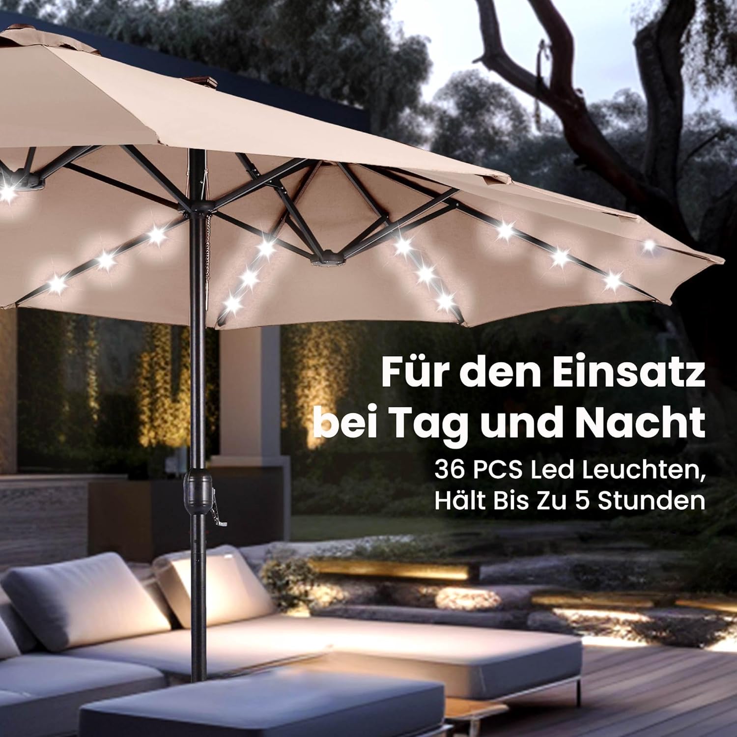 Thumbnail 5 de PHI VILLA Rechteck-Sonnenschirm mit Ständer 270 × 450 cm inkl. Kurbel, LED-Optik & UV-Schutz