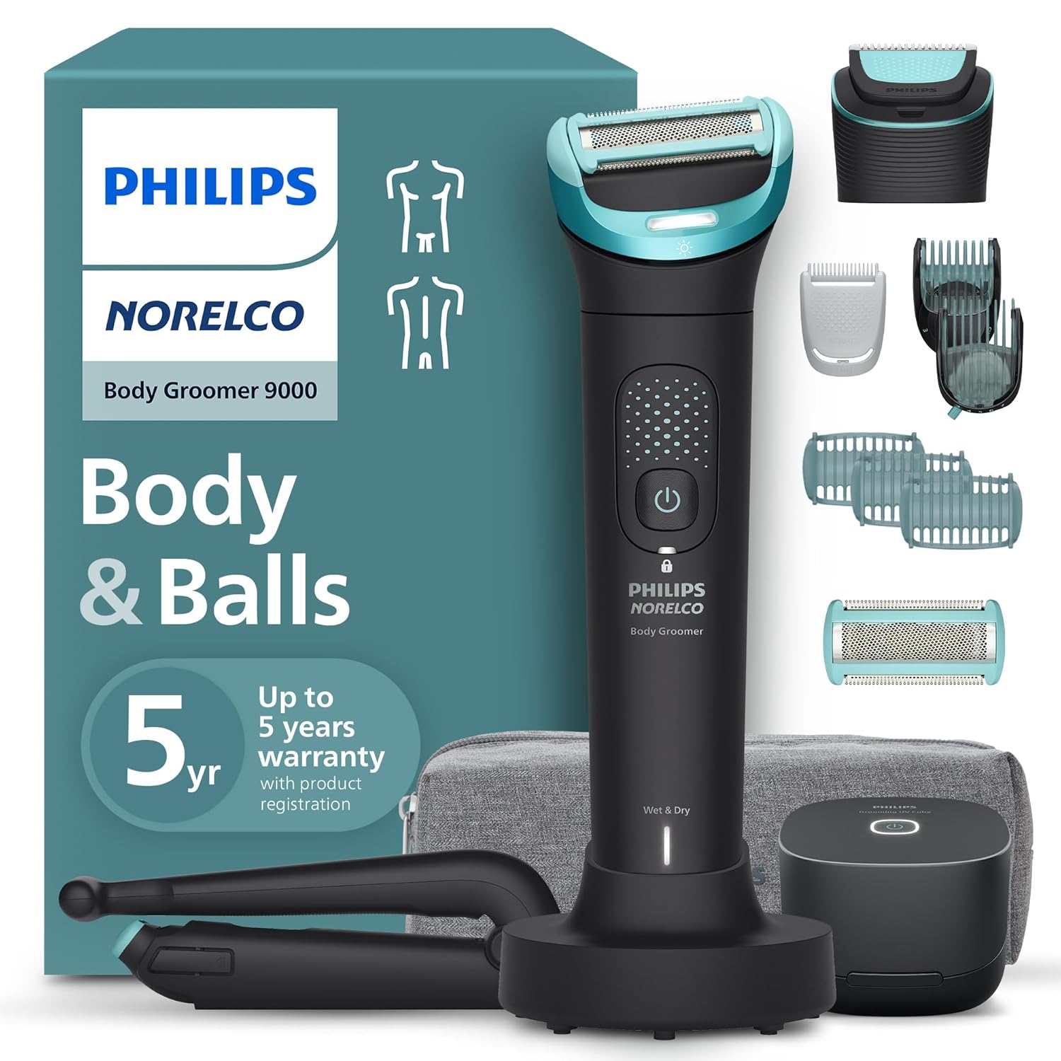 Detalle de Philips Norelco Body Groomer 9000 Series BG9485/50 with UV Sanitizer Cube, wet/dry body trimmer & back attachment