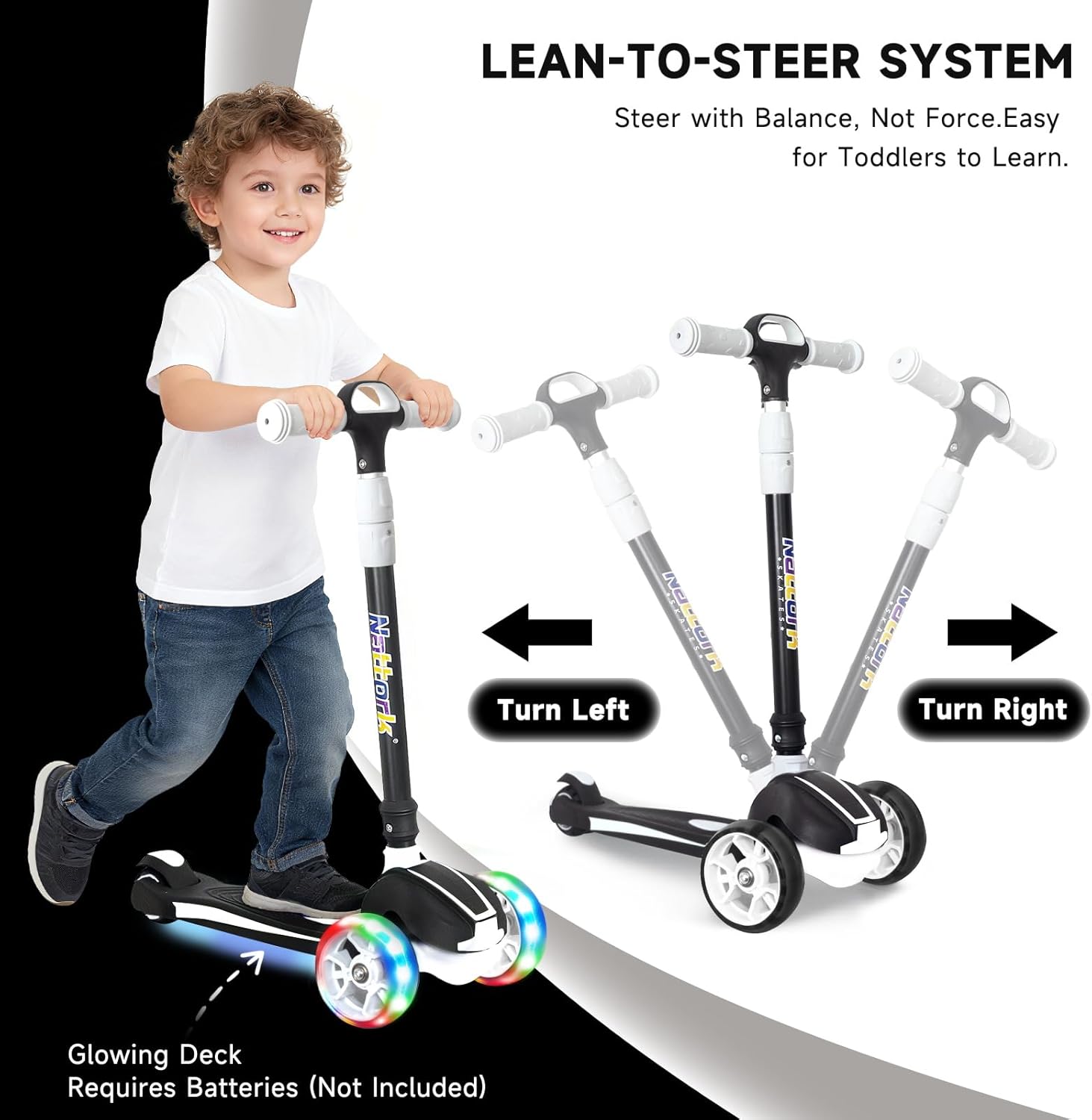Detalle de Nattork Kids Scooter for Age 3-8 (4 Adjustable Height, Light-Up 3-Wheel, 120 lb Capacity)