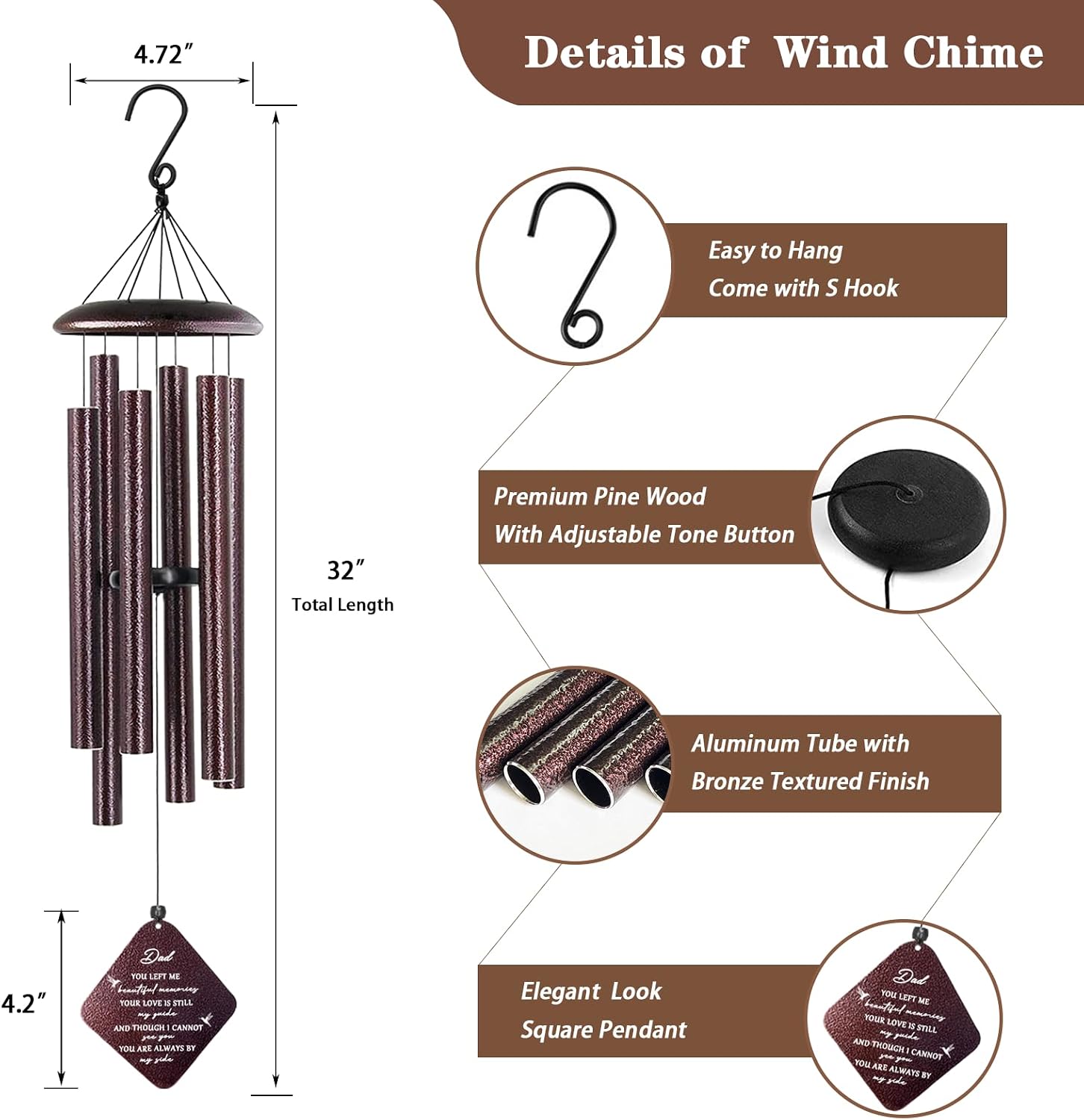 Detalle 2 de Doopeer Doopeer-090502 Memorial Wind Chime, 32-Inch Bronze Aluminum