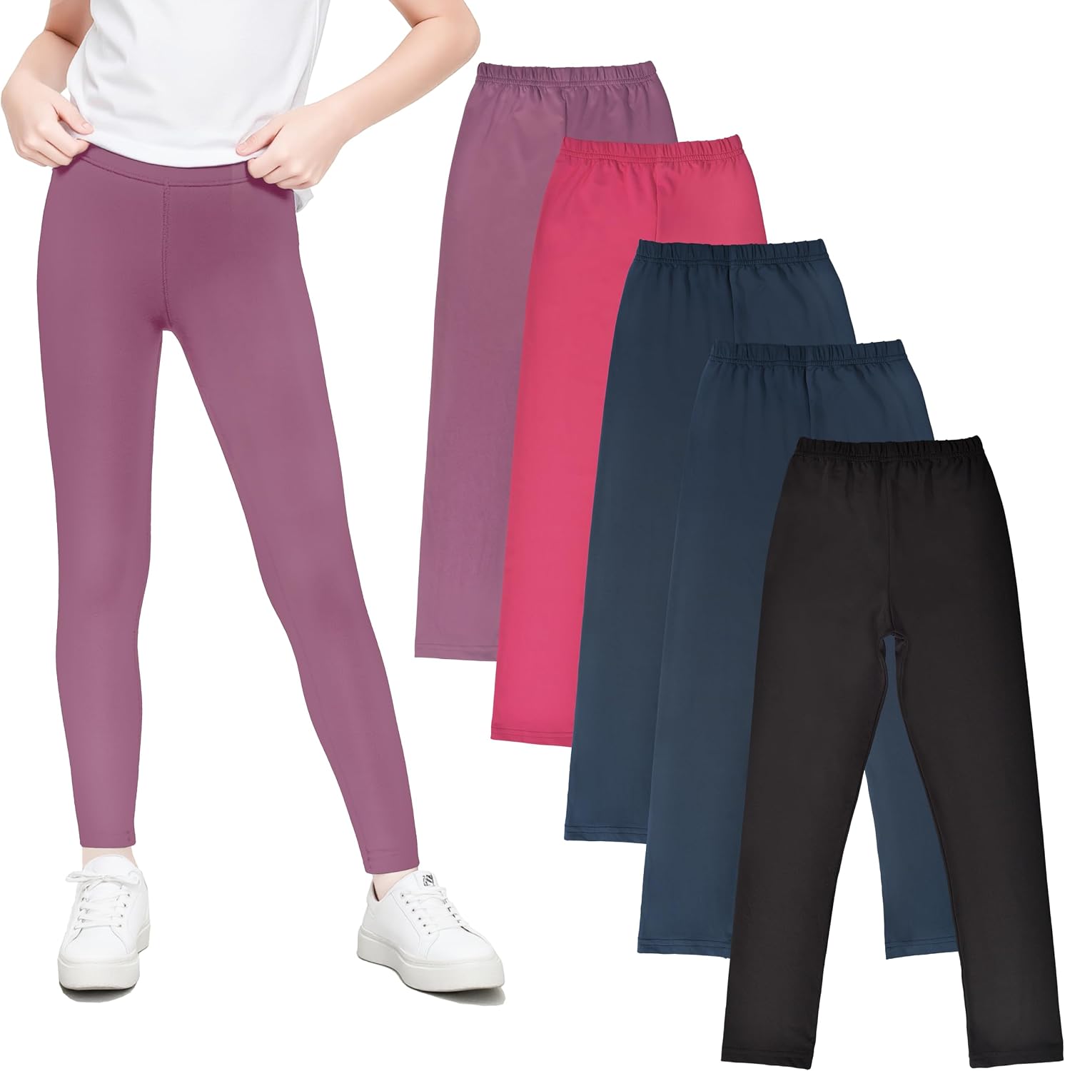Detalle de Whimtoyland Girls’ Leggings 5-Pack, Ankle-Length Stretch, Sizes 4–12