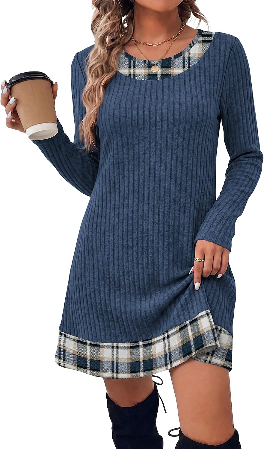 Detalle de OFEEFAN Women's Color-Block Sweater Dress, Long Sleeve Ribbed Knit with Pockets