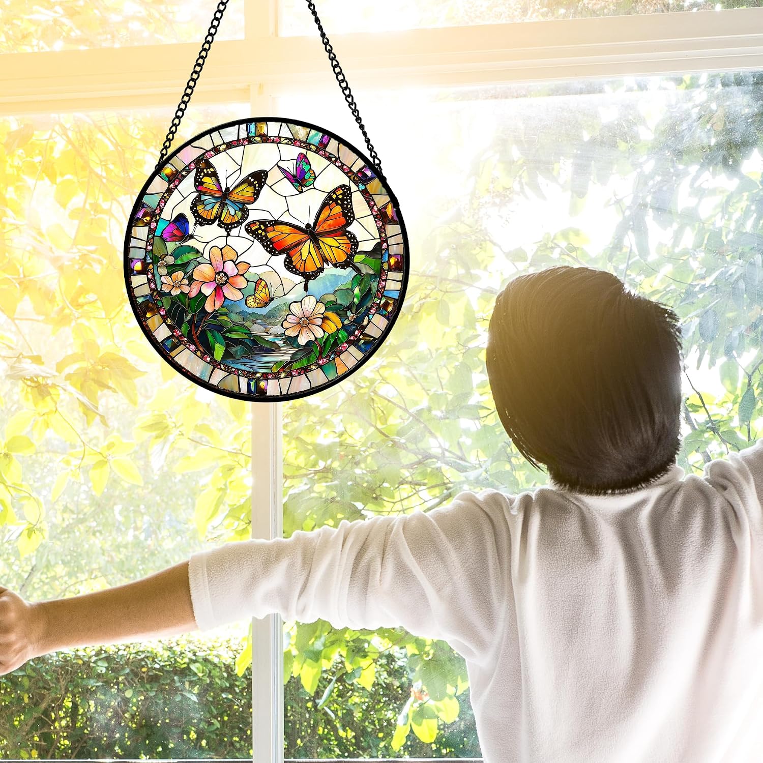 Thumbnail 3 de DASTOLL Butterflies and Flowers 6.3-Inch Stained Glass Window Suncatcher