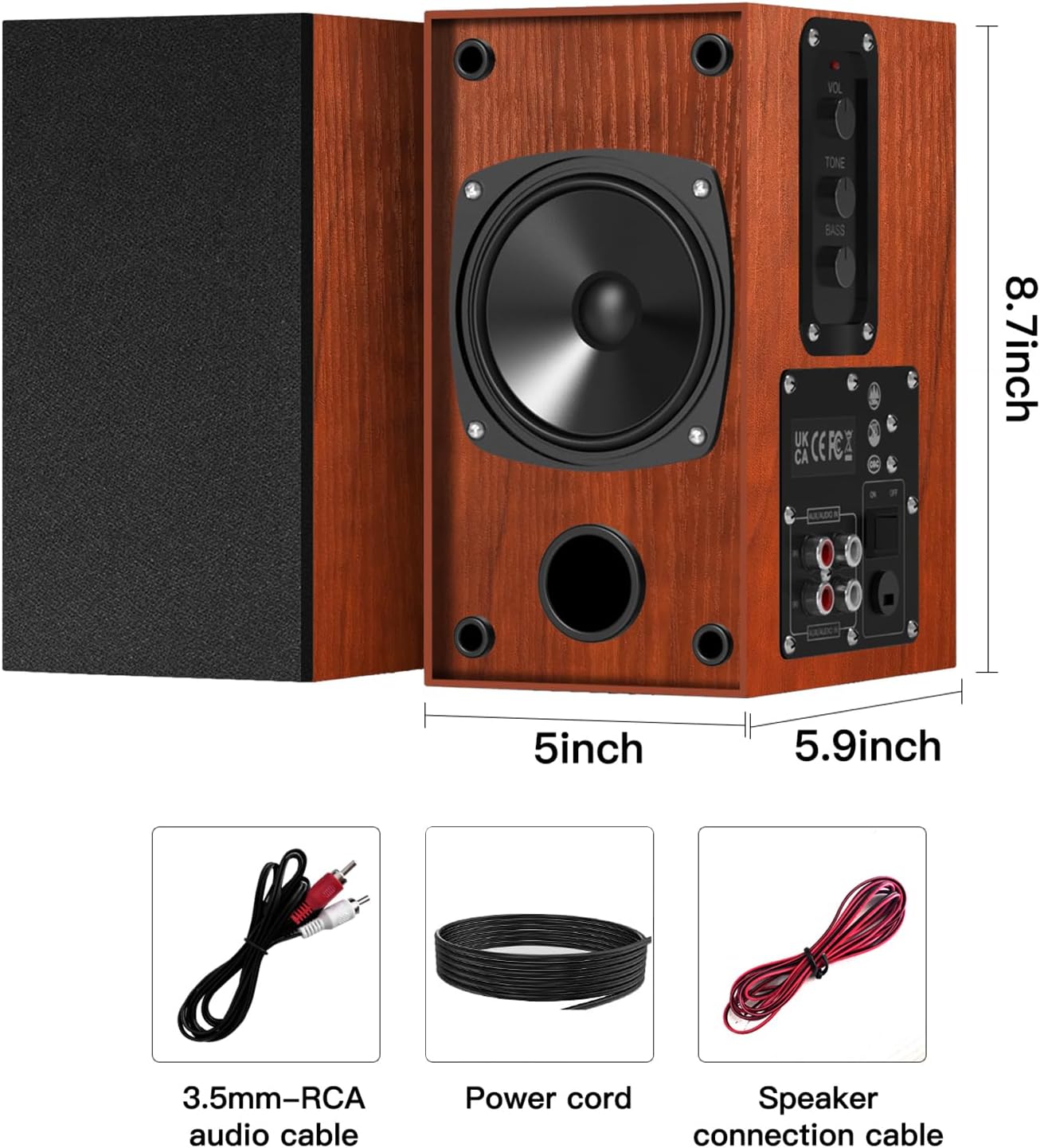 Thumbnail 6 de Elimavi Active Bookshelf Speakers (30W x 2) with 4-inch woofers, 3.5mm/RCA input — brown