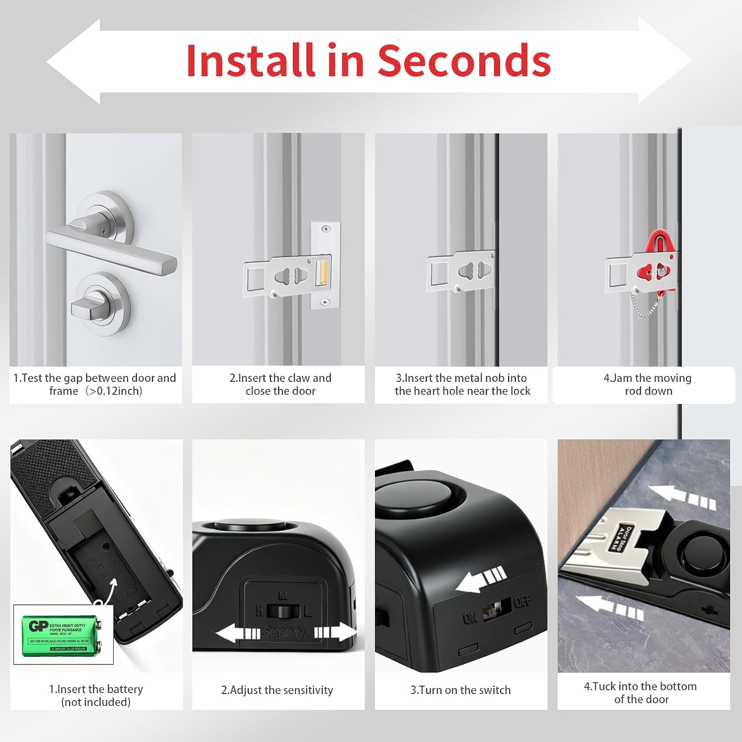 Thumbnail 6 de HNHMT Door lock Portable Door Lock & Door Stop Alarm Set, Stainless Steel, Red