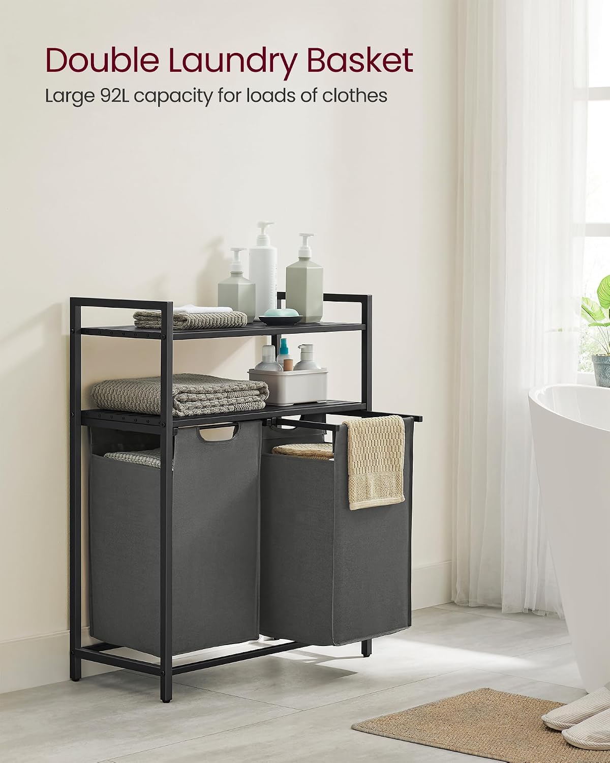 Detalle 2 de VASAGLE BLH211G01 Laundry Basket, 92L with Two Compartments and Shelves