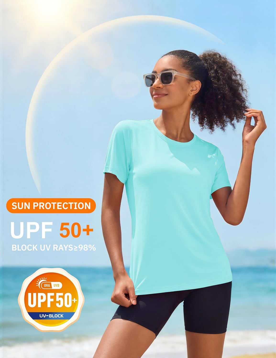 Detalle de MAGCOMSEN Women's Workout Top, Short Sleeve, UPF 50+, Quick-Dry Polyester