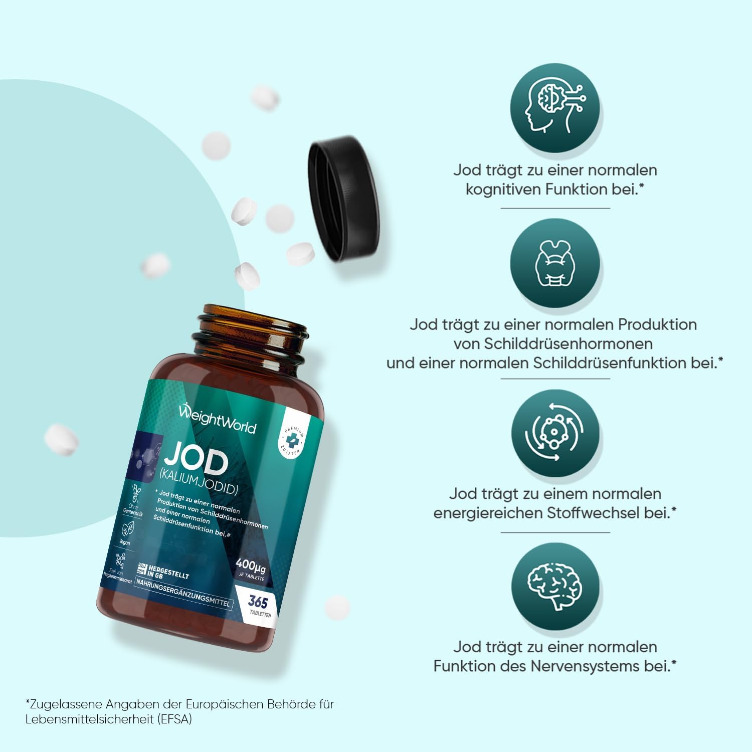 Detalle de WeightWorld Jod Tabletten 400 µg – 365 vegane Tabletten, 1 Jahresvorrat