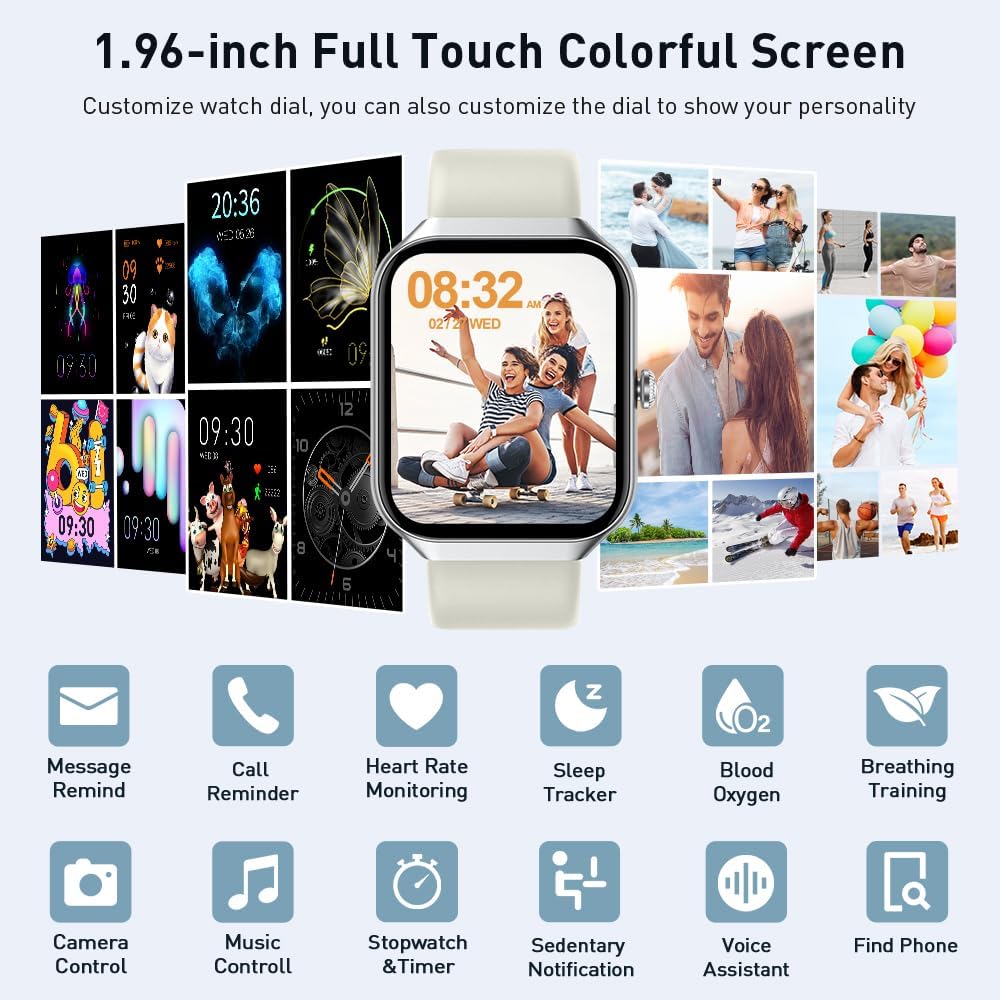 Detalle de Smart Watch for Men and Women with 1.96" Display, 115+ Sports Modes, Heart Rate & Sleep Monitoring, IP68 Waterproof, Bluetooth 5.3 Calling